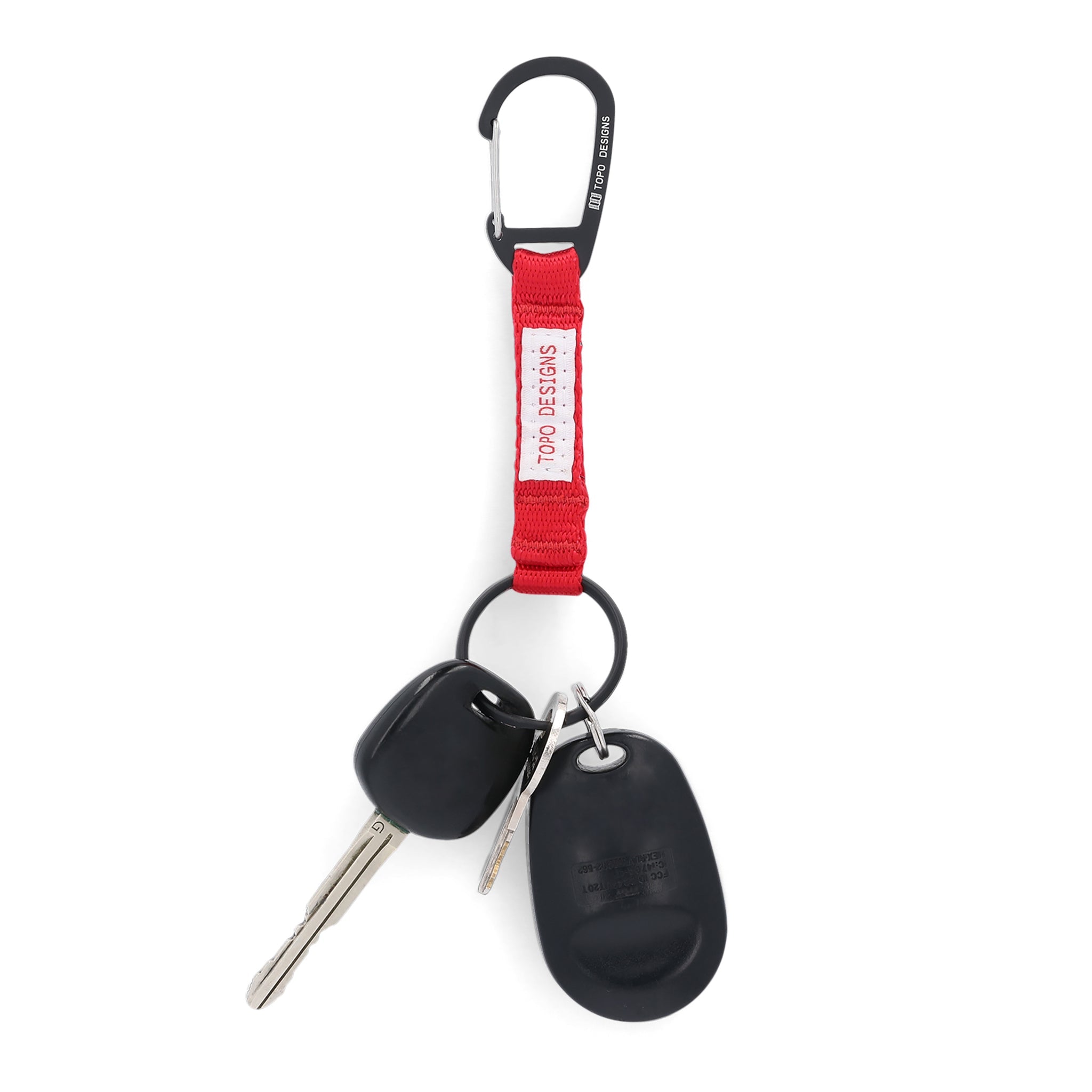 Topo Designs Key Clip carabiner keychain in Red with car keys and fab on ring.
