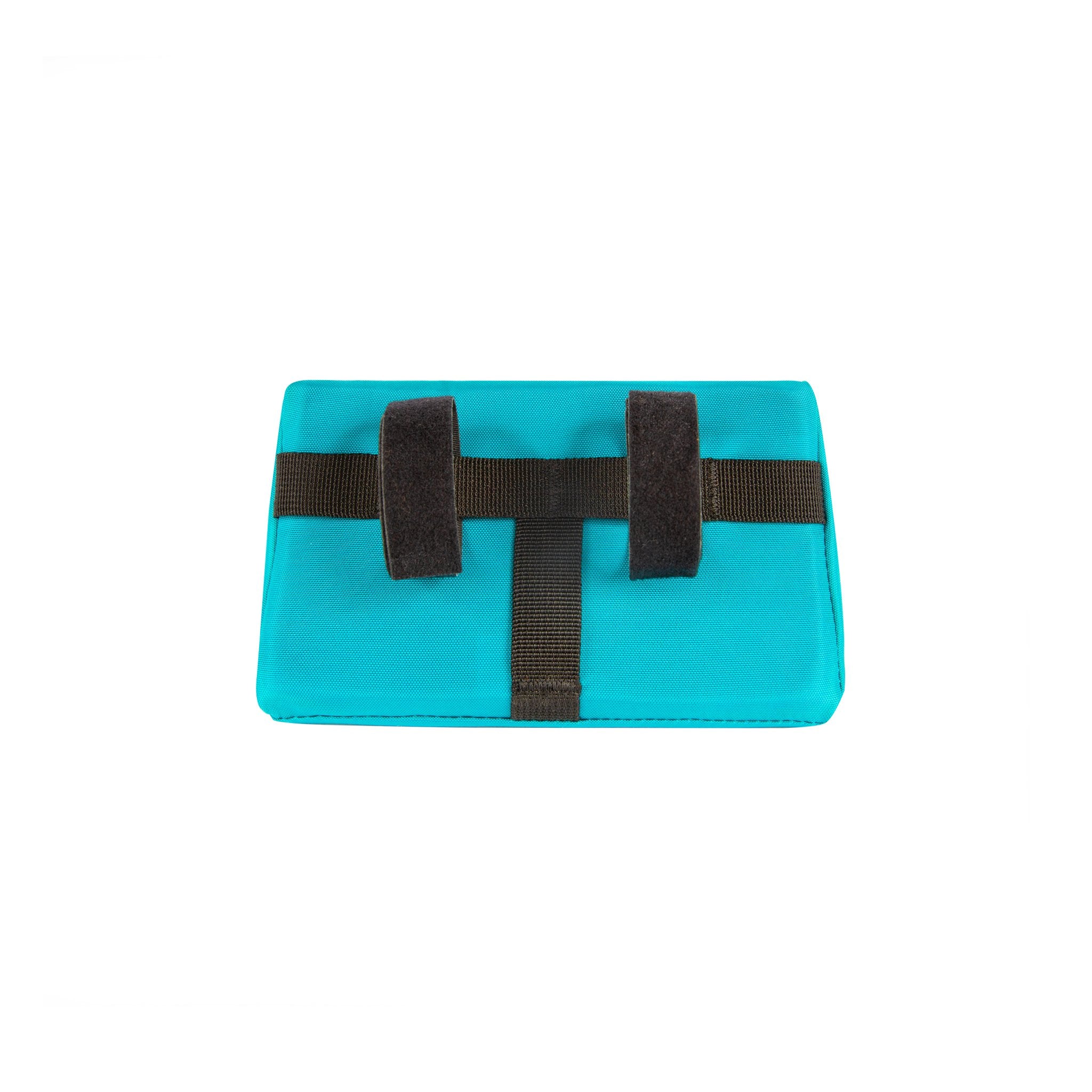 Back velcro attachment loops on Topo Designs Mini handlebar bike bag in Turquoise blue.