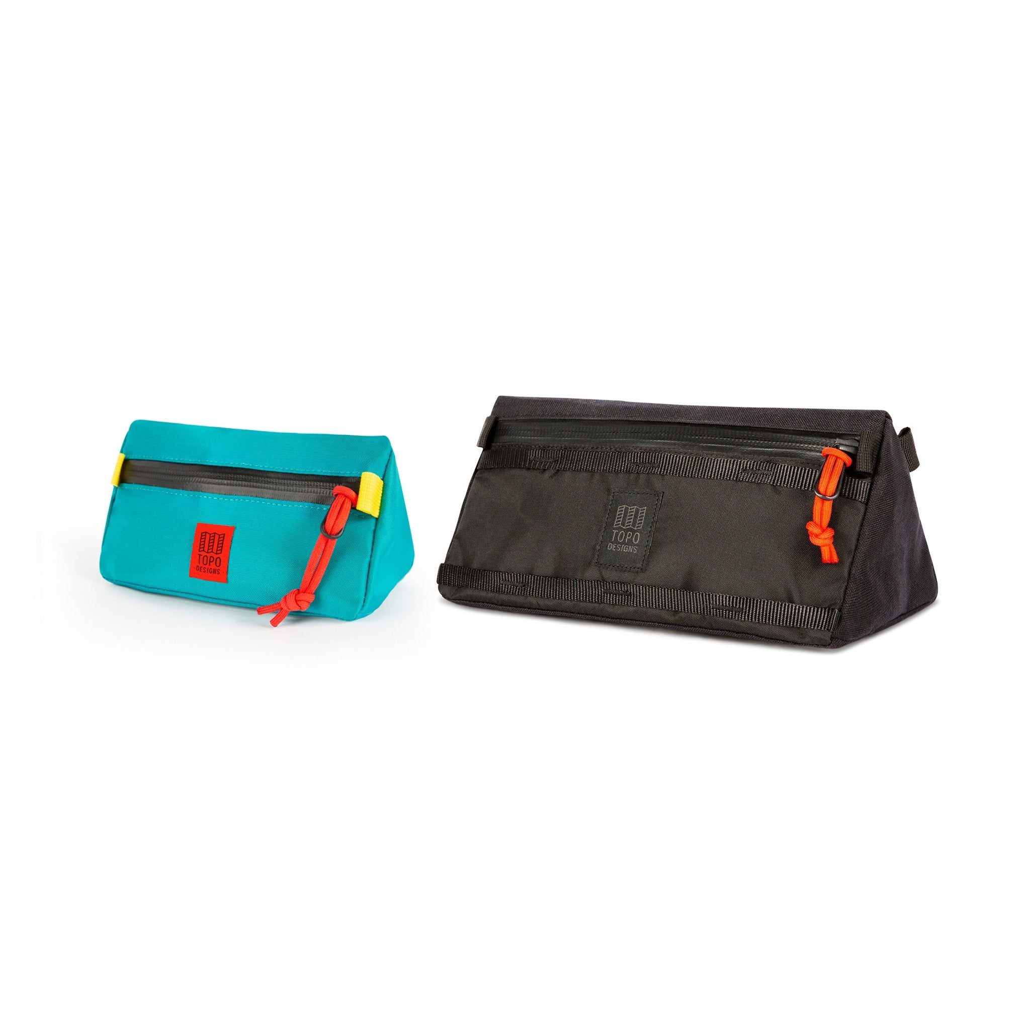 Size comparison of Topo Designs Bike Bag in Black and  Mini handlebar bike bag in Turquoise blue.