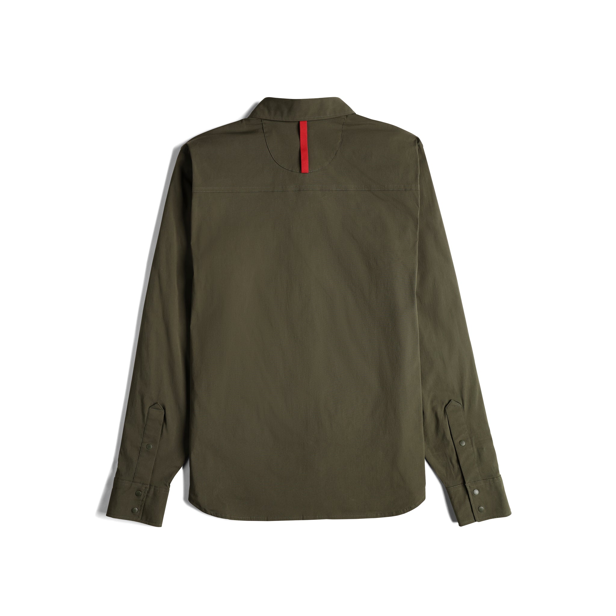 Topo Designs Herren Global Shirt langärmeliges leichtes Reise-Schnapphemd in "Olive" grün.