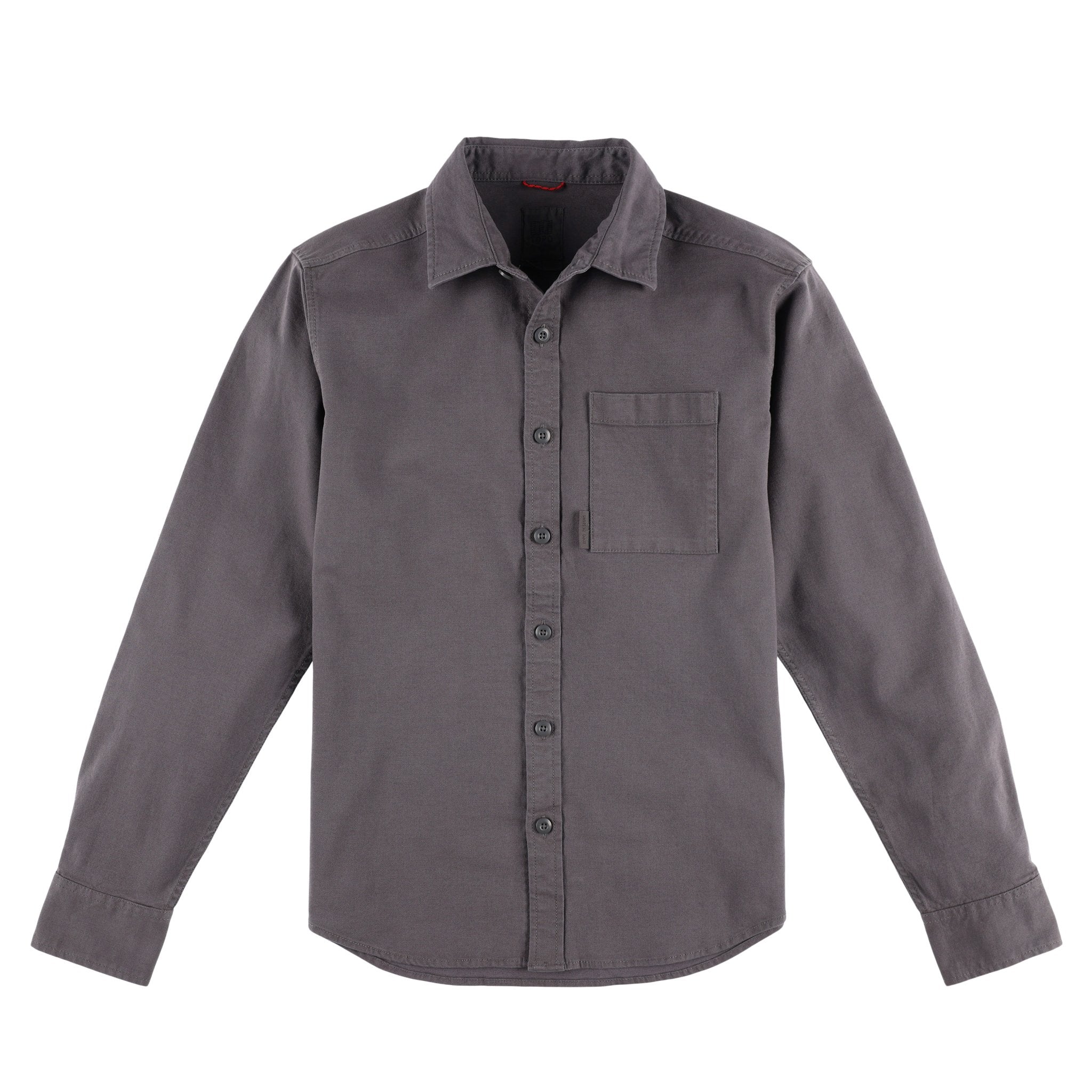 Topo Designs Herren Dirt Shirt Langarm-Knopfleiste aus Bio-Baumwolle in "Charcoal" grau.