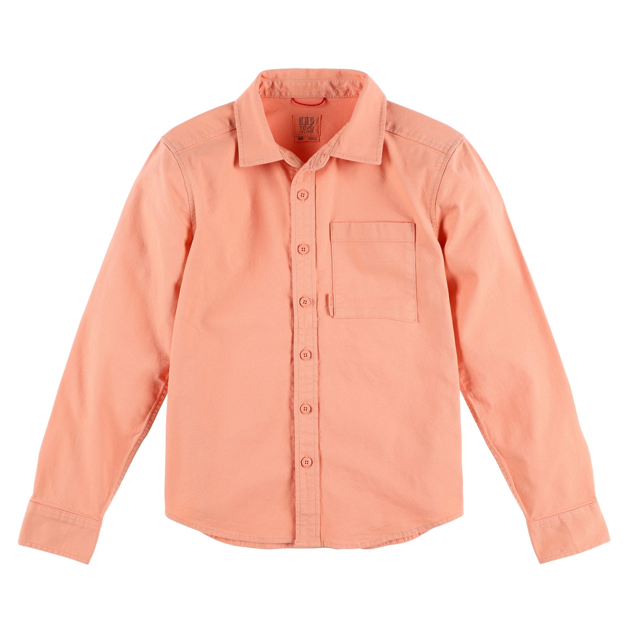 Topo Designs Damen Dirt Shirt Langarm-Knopfleiste aus Stretch-Baumwolle in "Peach" Pink.