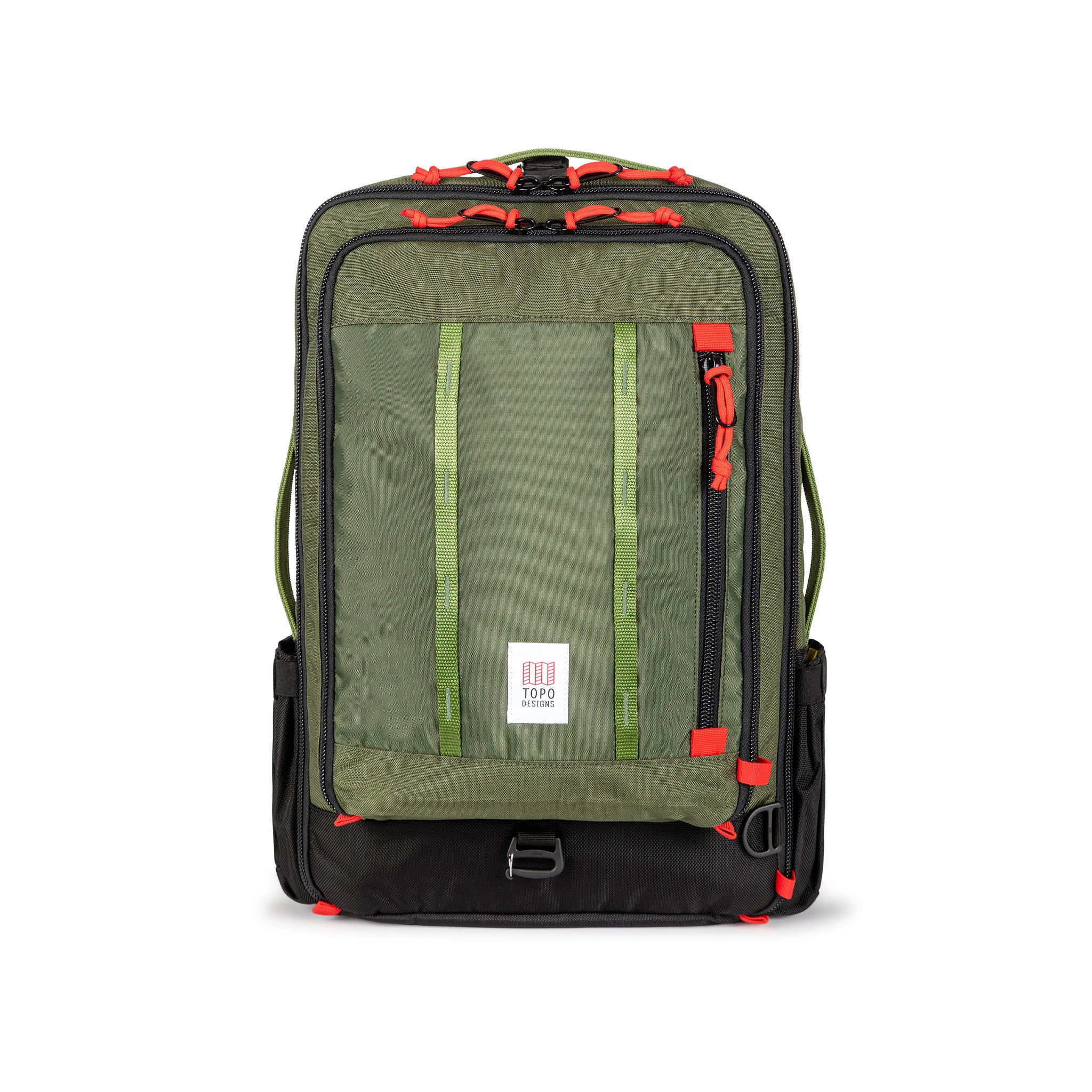 Topo Designs Global Travel Bag 30L Durable Carry On Convertible Laptop Travel Backpack in "Olive" grün.