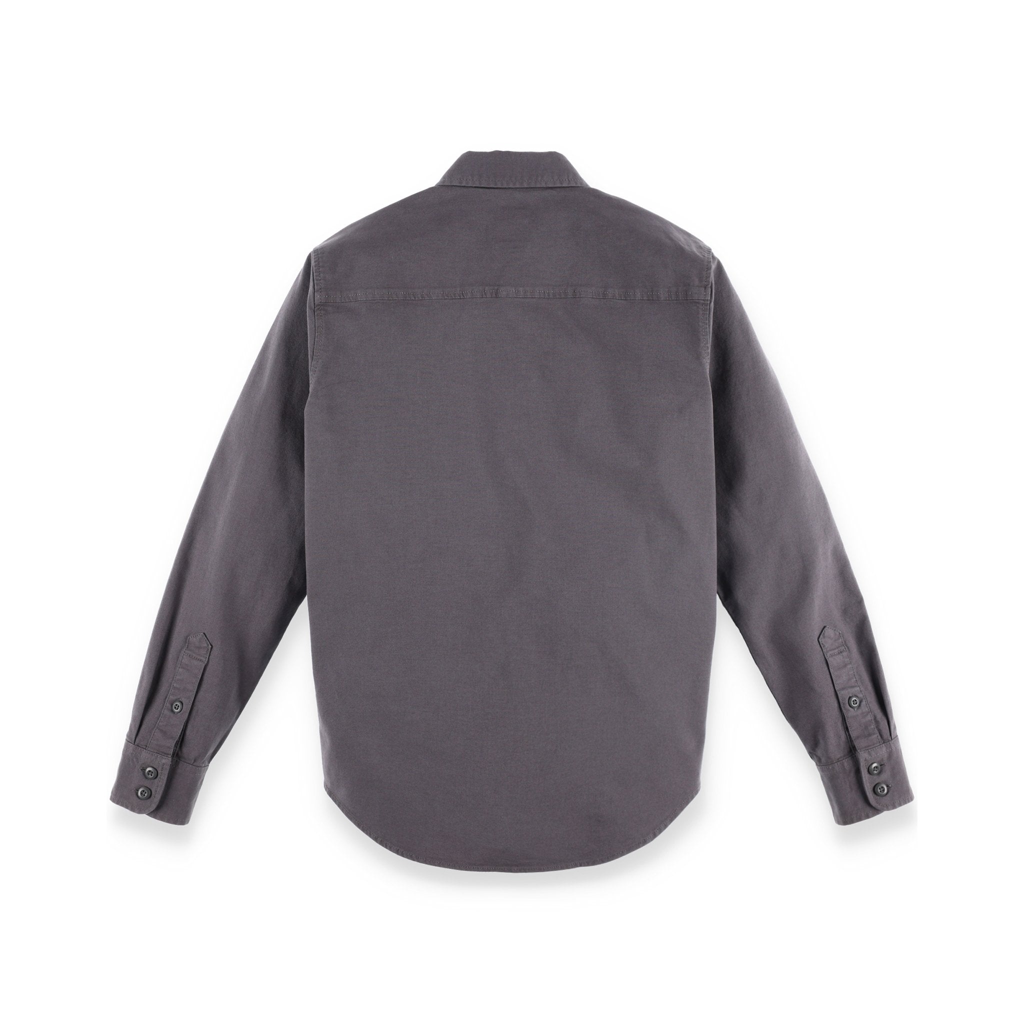 Rückseite des Topo Designs Herren Dirt Shirt Langarm-Knopfleiste aus Bio-Baumwolle in "Charcoal" grau.