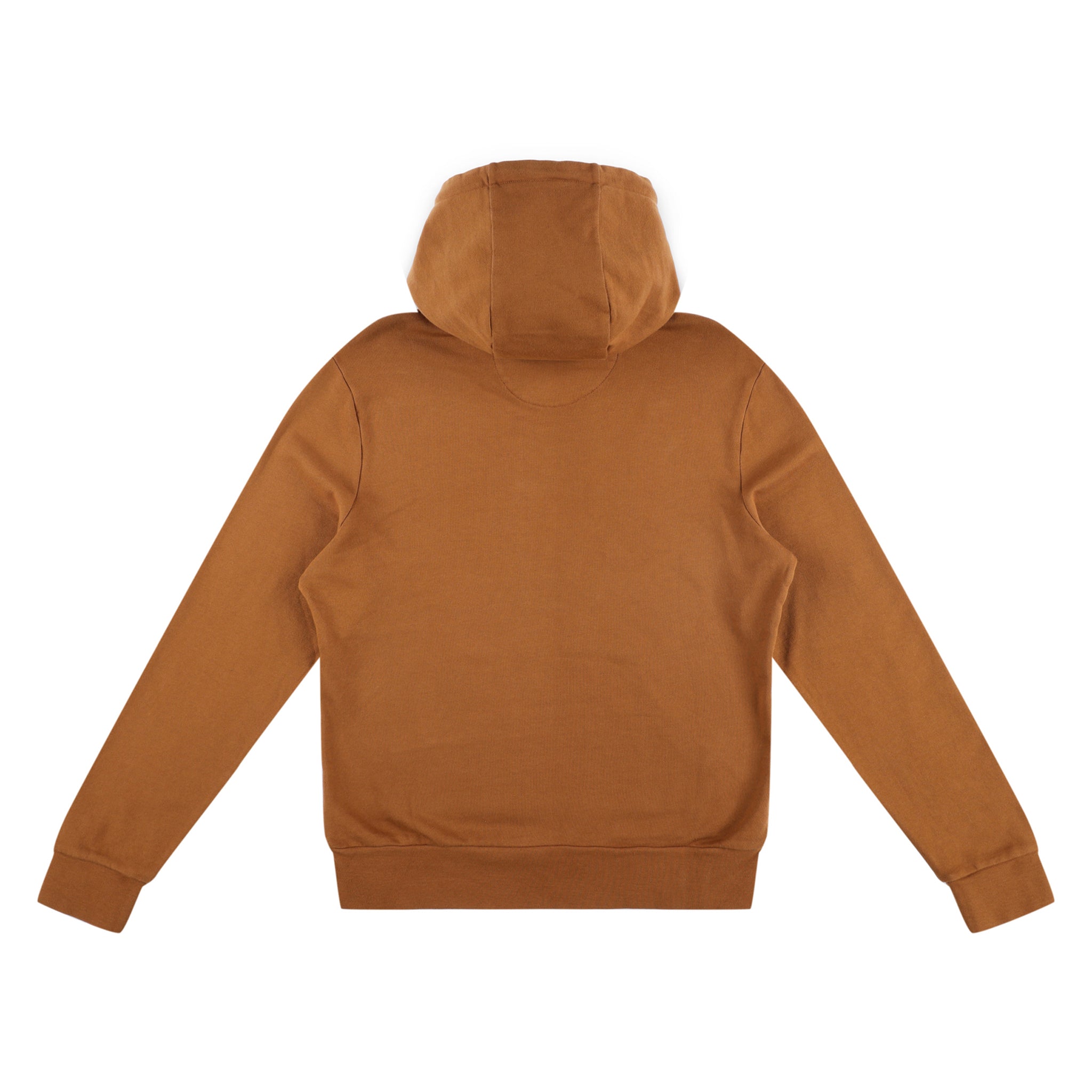 Rückseite von Topo Designs Herren Dirt Hoodie 100% Bio-Baumwolle French Terry Sweatshirt in "Erde" braun.