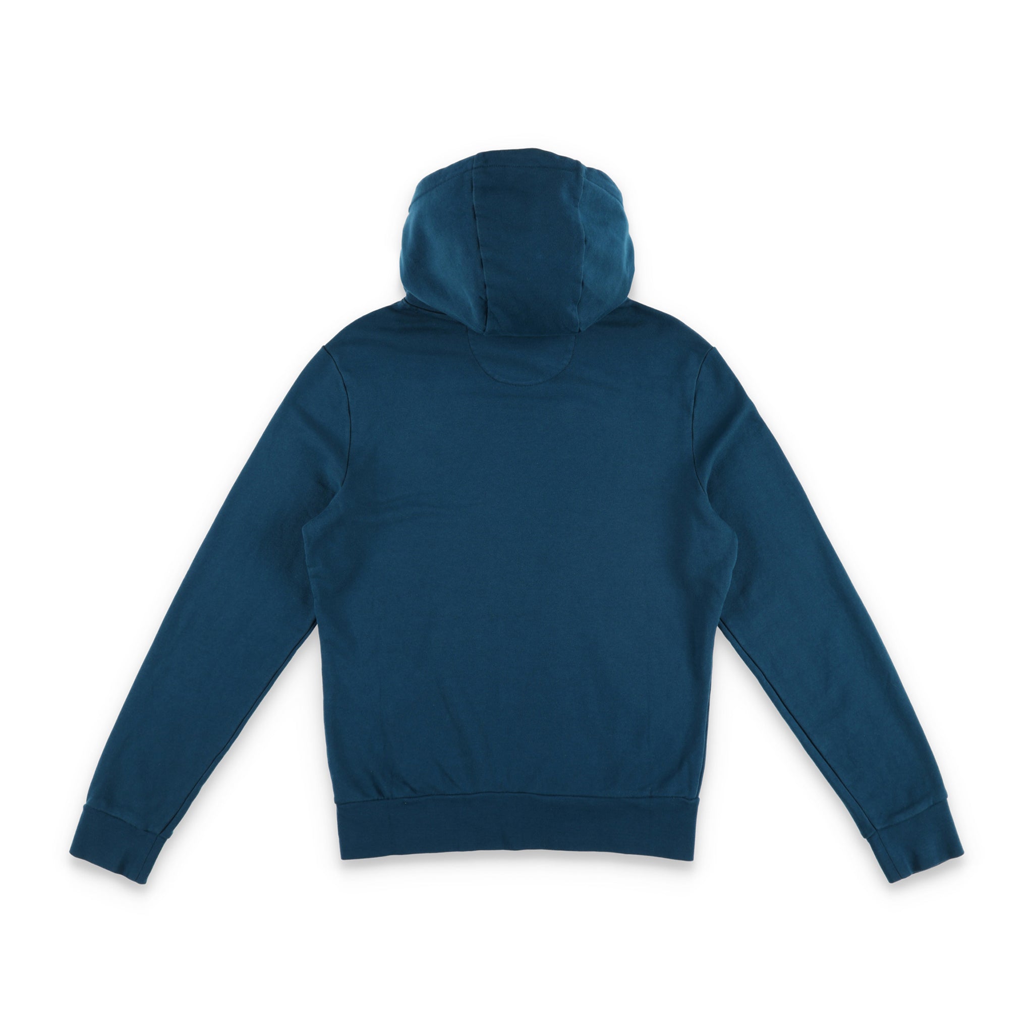 Rückseite von Topo Designs Herren Dirt Hoodie 100% Bio-Baumwolle French Terry Sweatshirt in "pond blue"