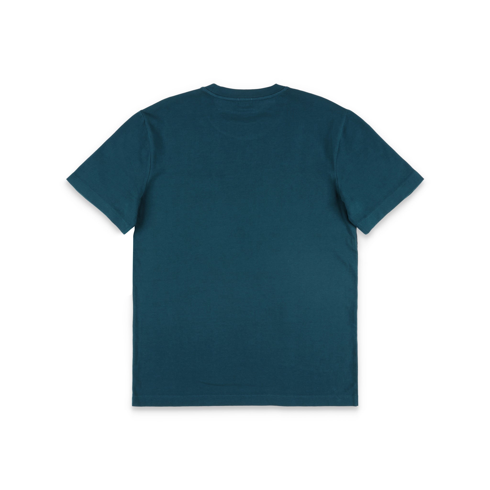 Rückseite von Topo Designs Herren Dirt Pocket Tee Kurzarm-T-Shirt aus 100% Bio-Baumwolle in "pond blue".