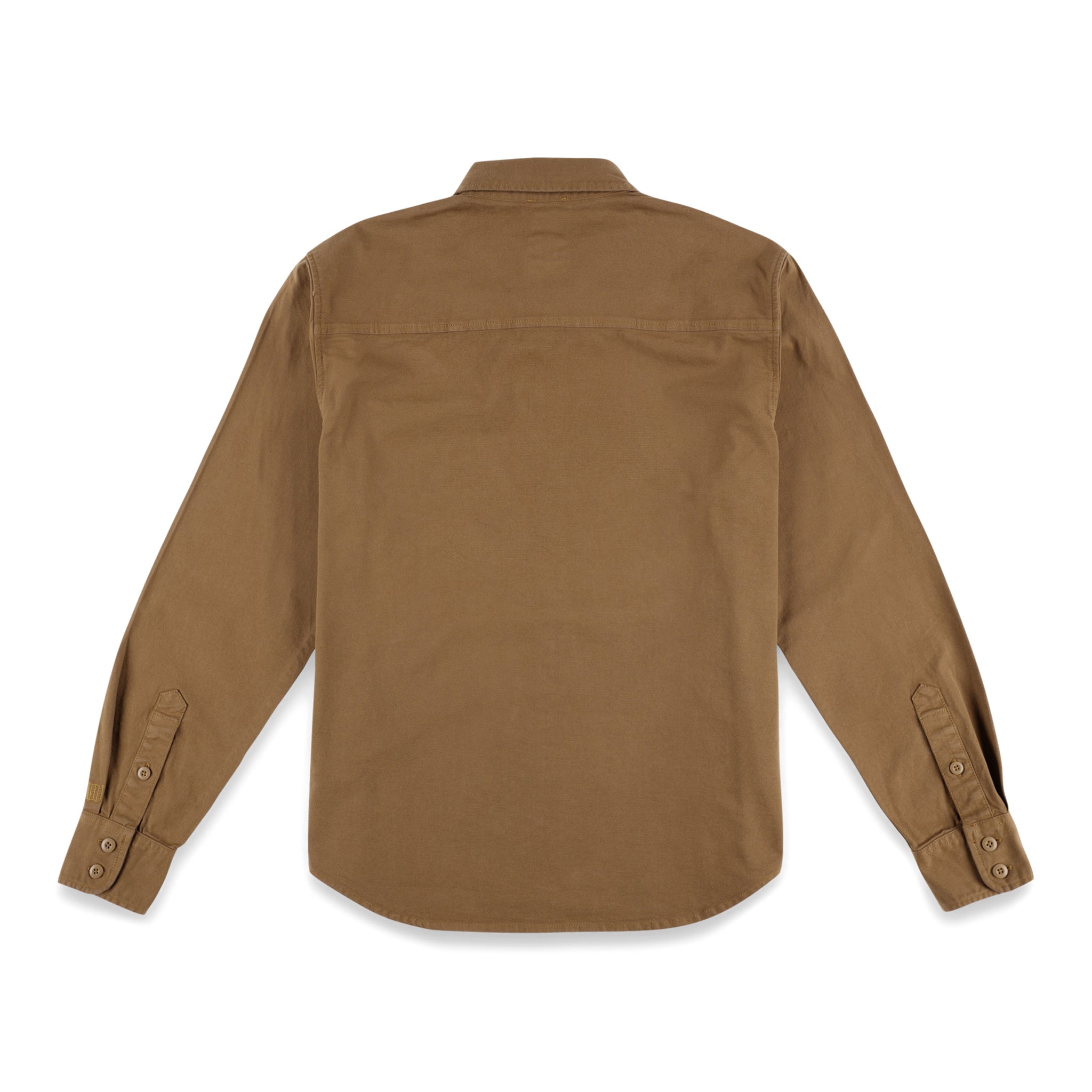 Rückseite des Topo Designs Herren Dirt Shirt Langarm-Knopfleiste aus Bio-Baumwolle in "Dark Khaki" braun.