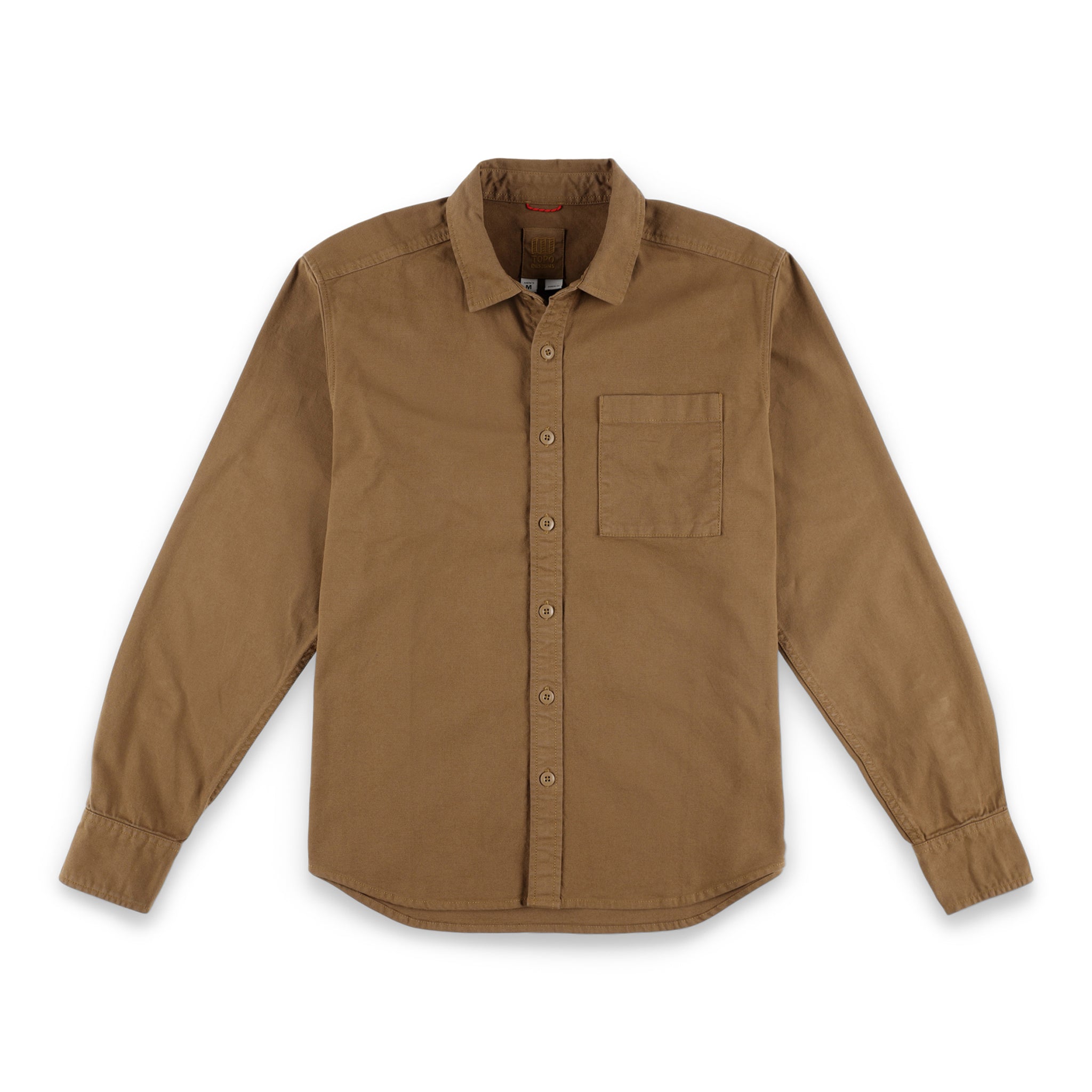 Topo Designs Herren Dirt Shirt Langarm-Knopfleiste aus Bio-Baumwolle in "Dark Khaki" braun.