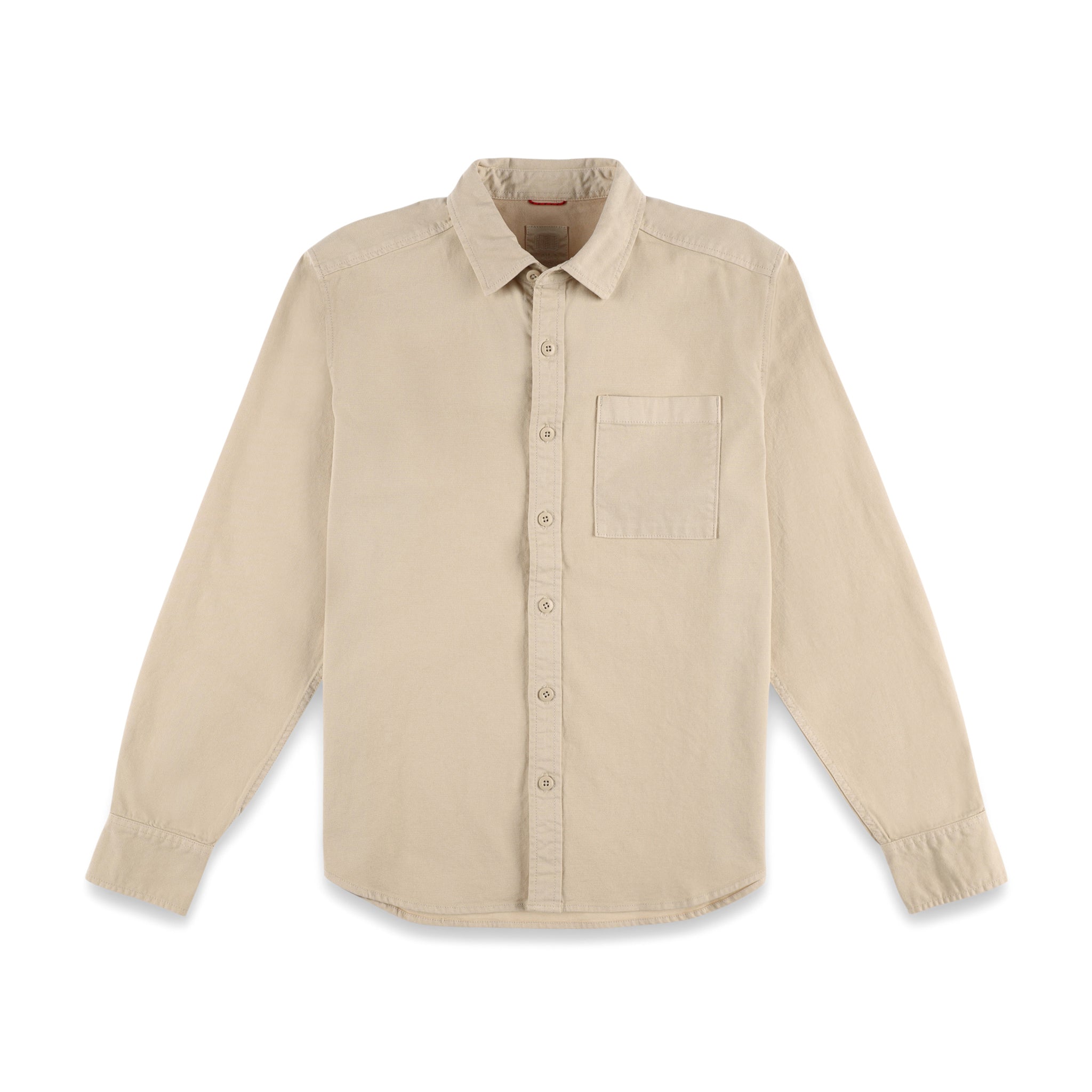 Topo Designs Herren Dirt Shirt Langarm-Knopfleiste aus Bio-Baumwolle in "Sand" braun-weiß.