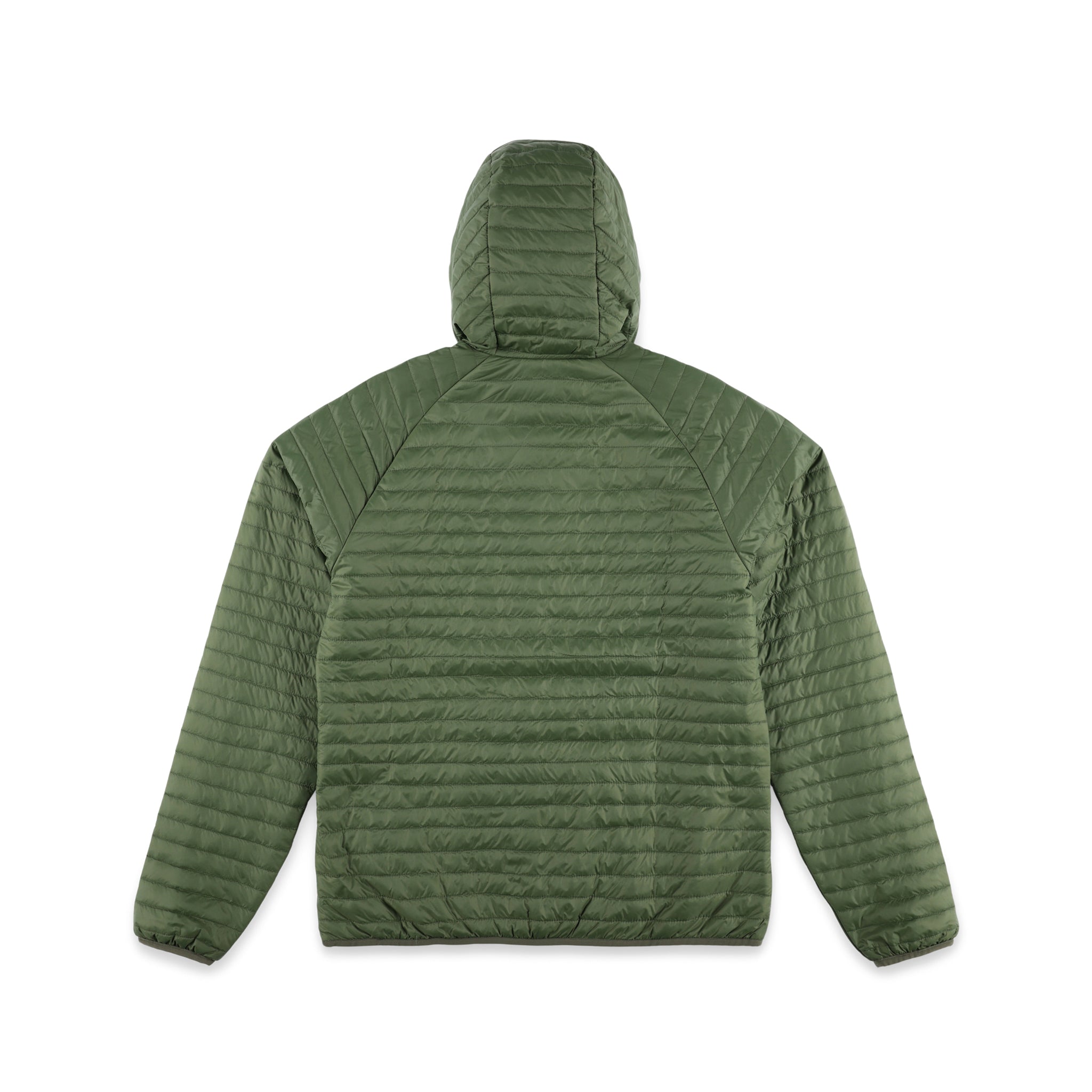 Rückseite der Topo Designs Herren Global Puffer packbare recycelte isolierte Hoodie Jacke in "olive" grün.