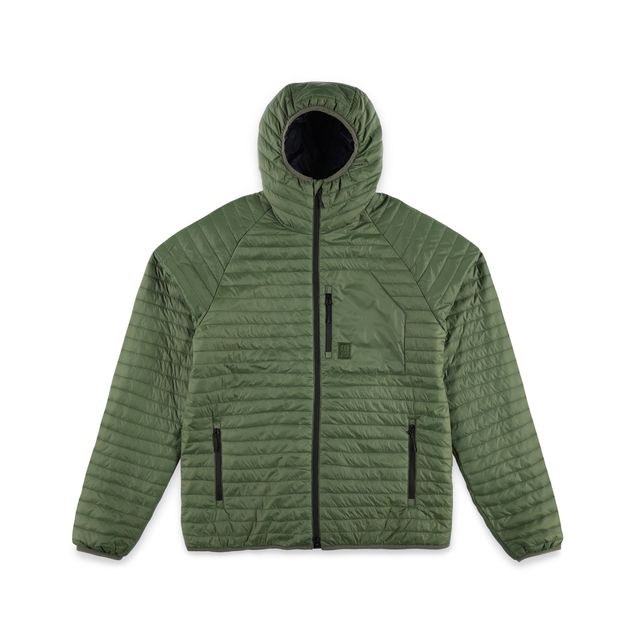 Topo Designs Herren Global Puffer packbare recycelte isolierte Hoodie Jacke in "olive" grün.