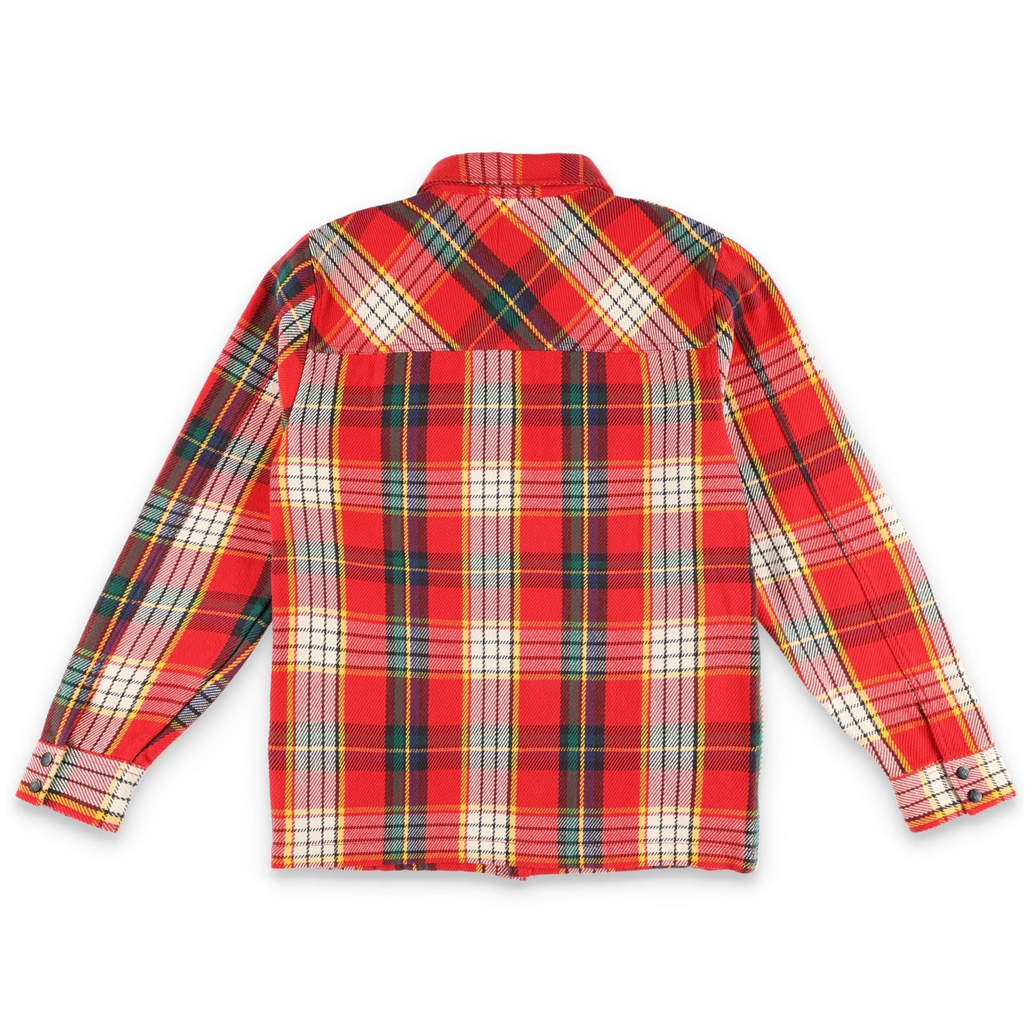 Rückseite der Topo Designs Herren Mountain Shirt Jacke in "Rot/Gelb kariert"