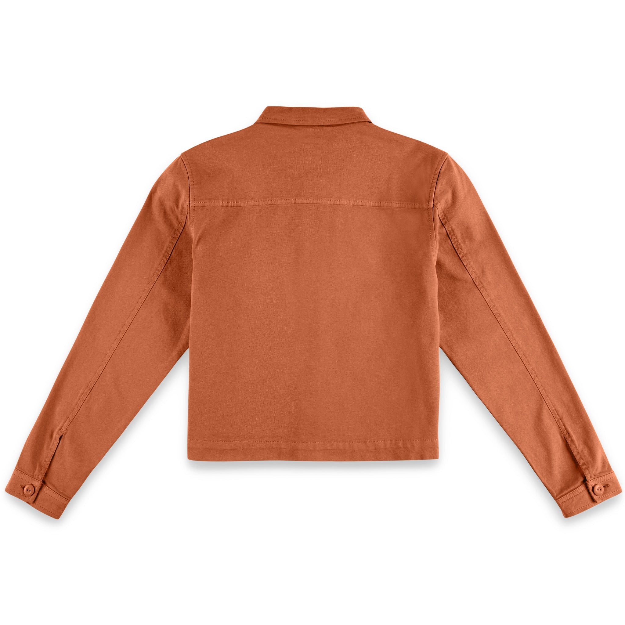 Rückseite der Topo Designs Damen Dirt Jacket 100% Bio-Baumwolle Shirtjacke in "brick" orange