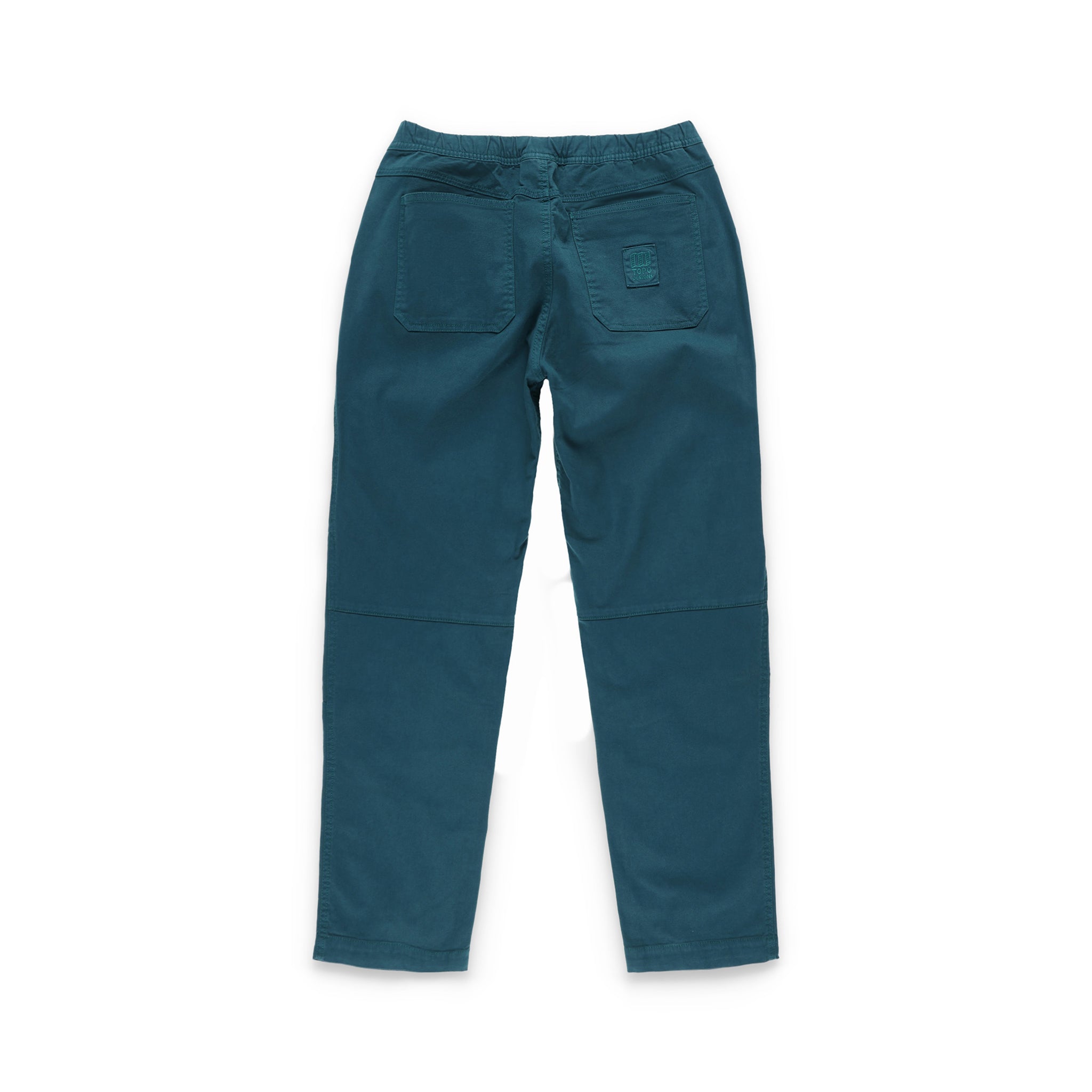 Rückseite der Topo Designs Damen Dirt Hose aus 100% Bio-Baumwolle mit Kordelzug in der Taille in "Pond Blue"