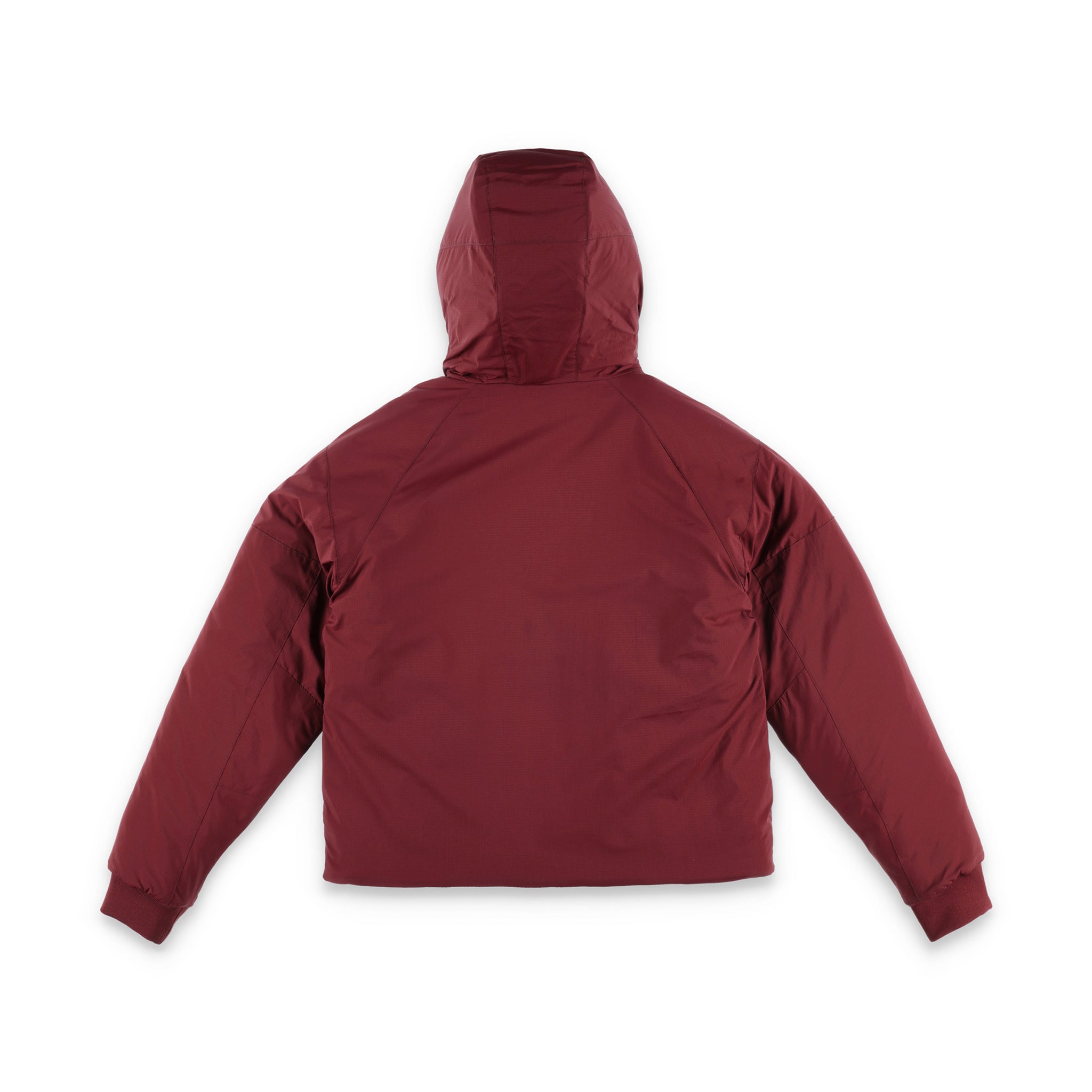 Rückseite der Topo Designs Damen Puffer Primaloft isolierte Hoodie Jacke in "burgundy" rot.