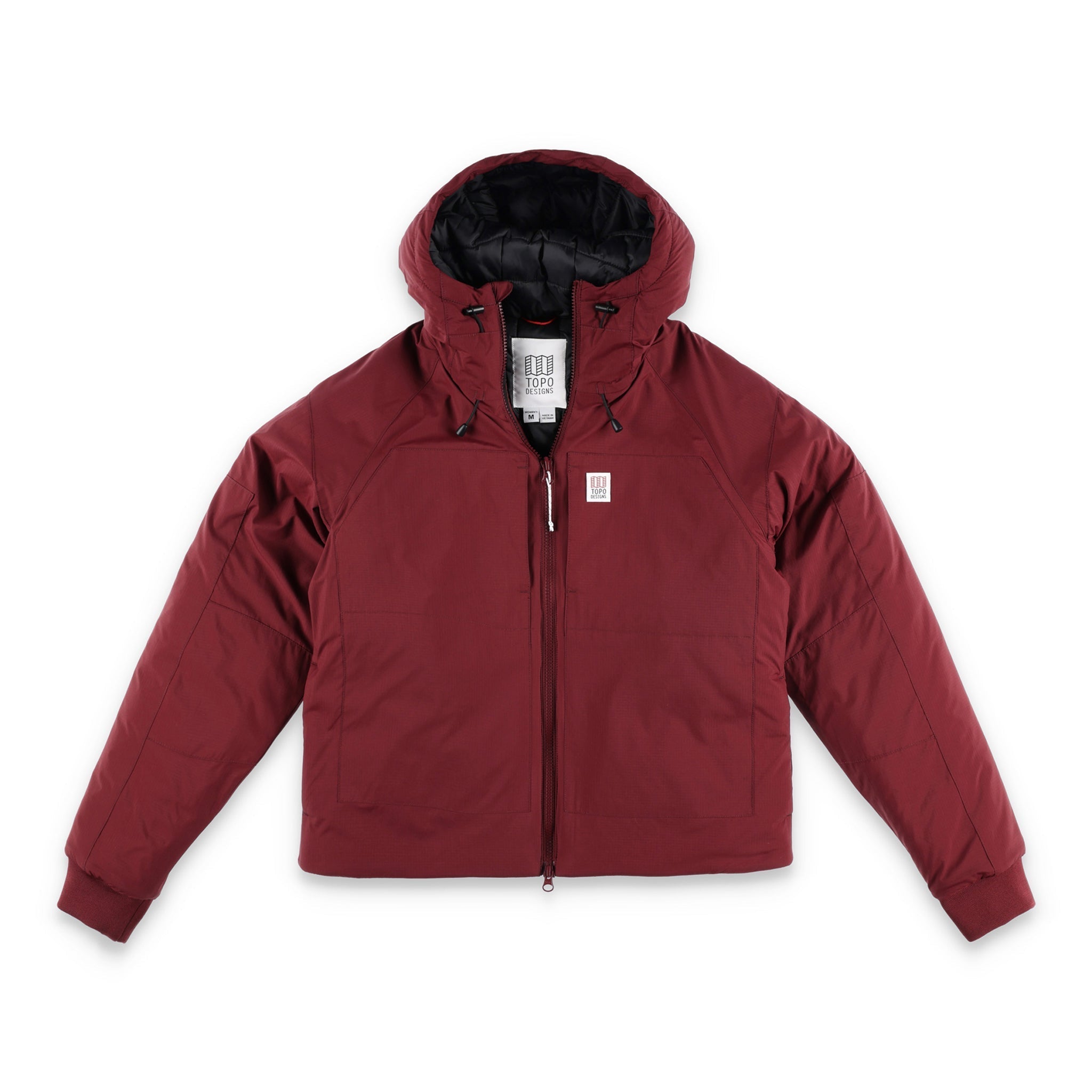 Topo Designs Damen Puffer Primaloft isolierte Hoodie Jacke in "burgundy" rot.