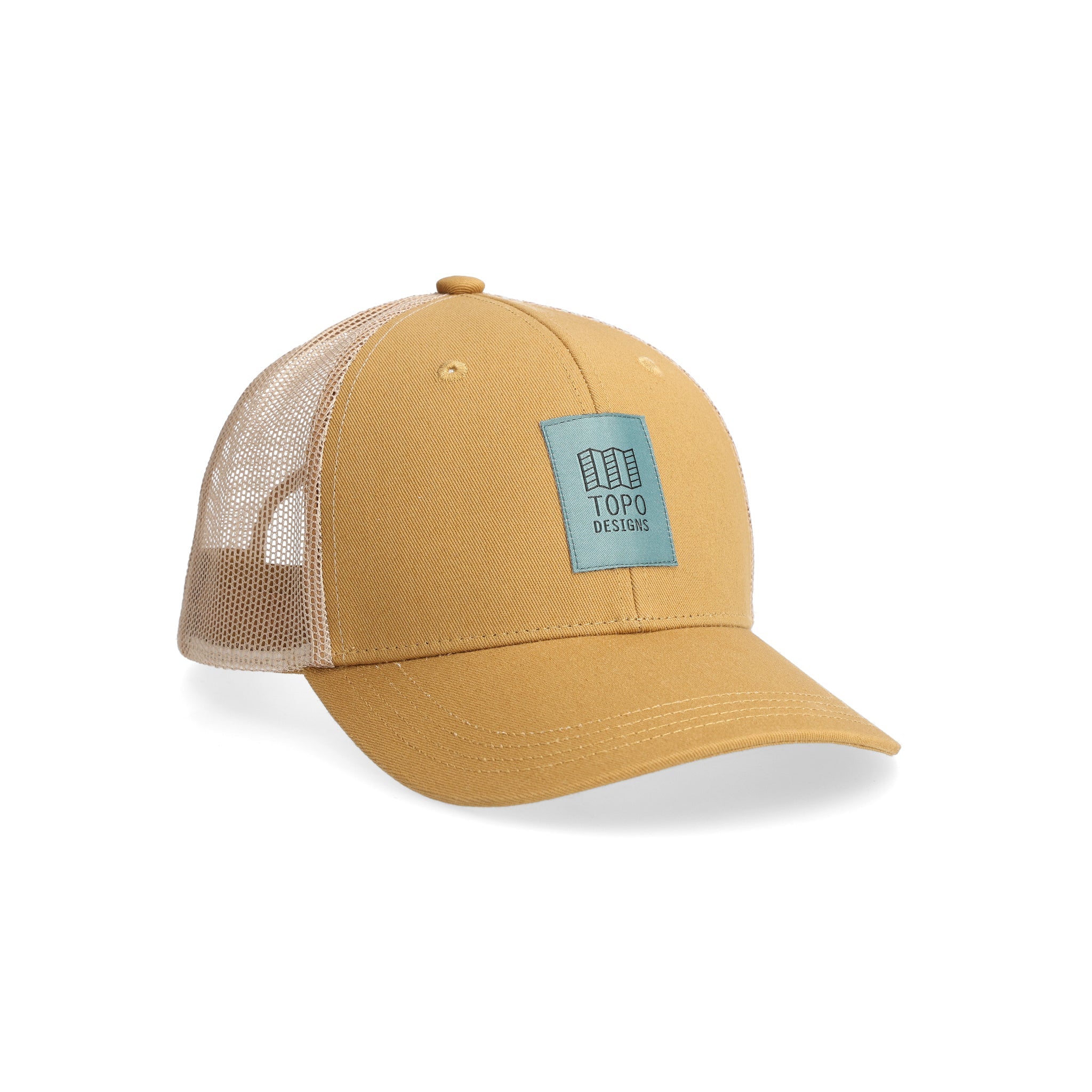 Topo Designs Trucker Hat mit Netzrücken und Original-Logoaufnäher in "Khaki".