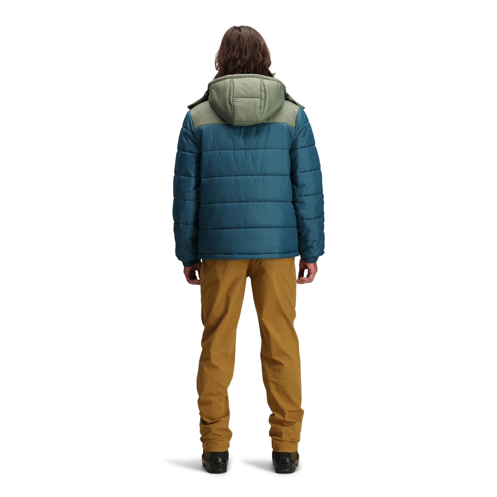 Allgemeine Rückenmodellaufnahme der Topo Designs Retro Ridge Pufferjacke - Herren  in "Pond Blue / Beetle"