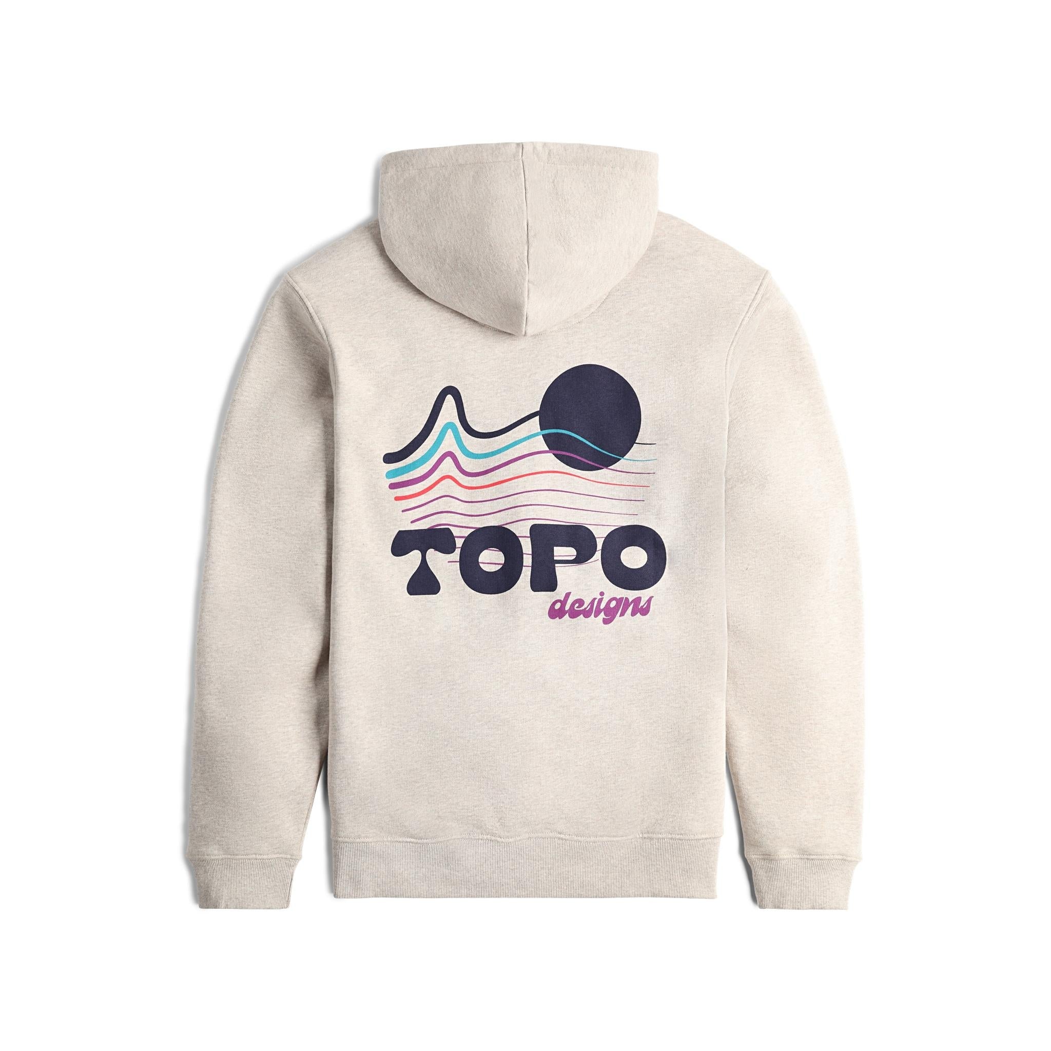 Rückansicht des Topo Designs Alpine High Hoodie - Heat Waves in "Oatmeal Heather"