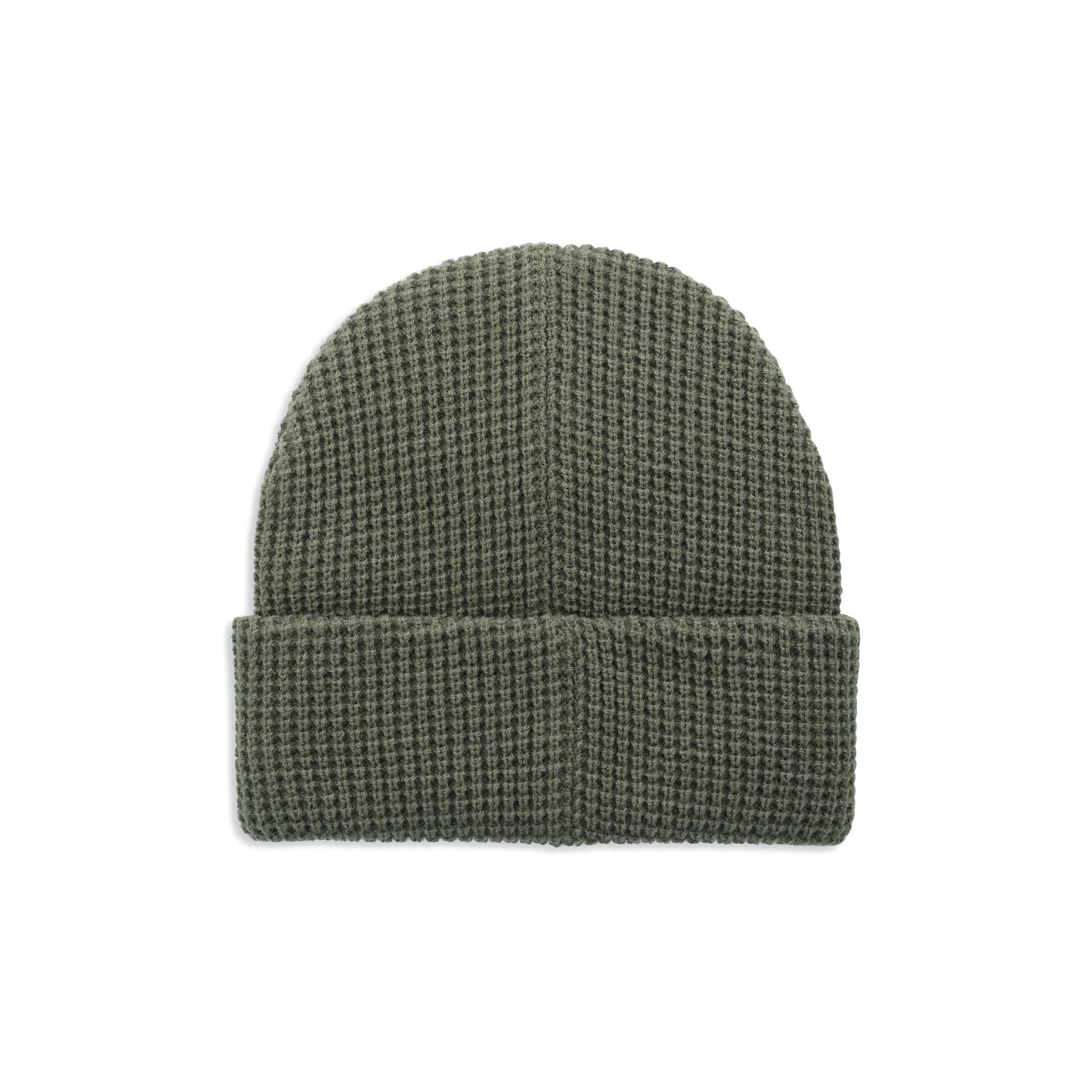 Rückansicht der Topo Designs Waffle Knit Beanie in "Beetle"