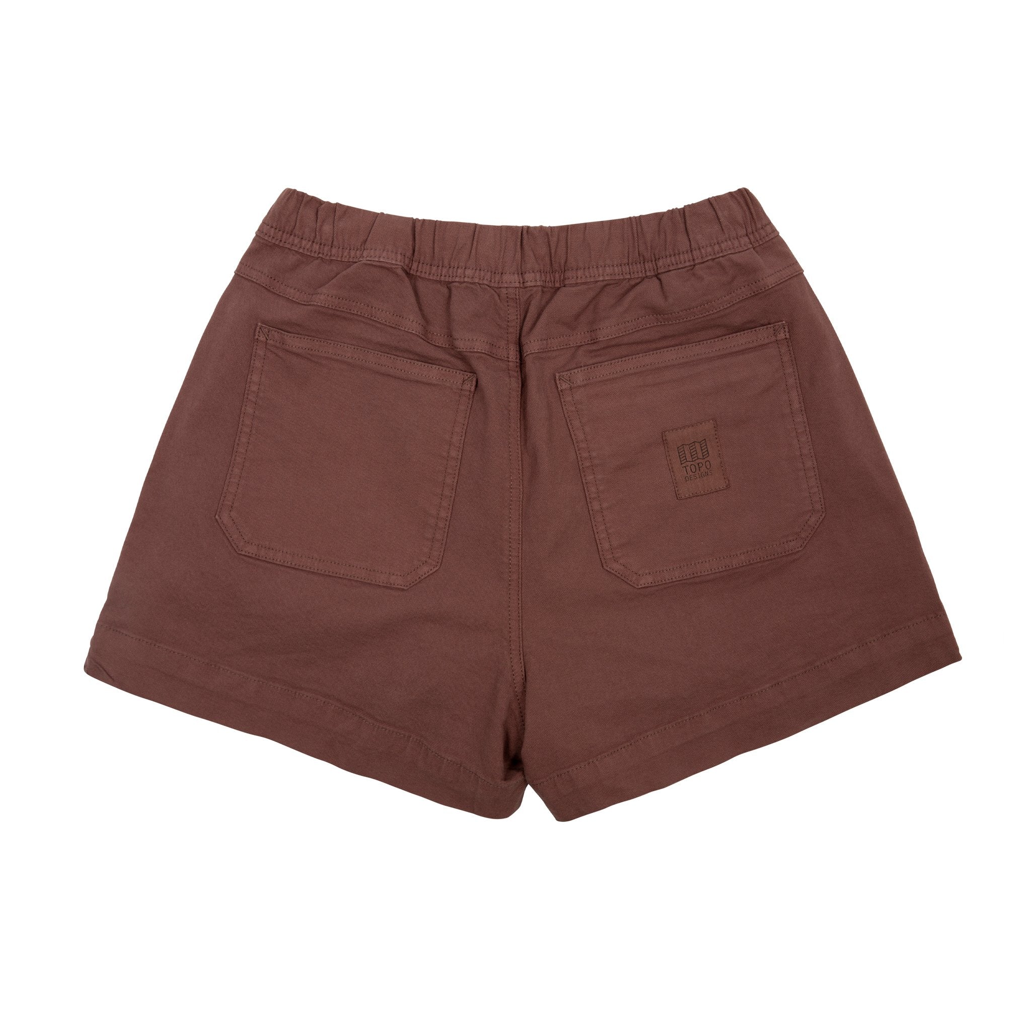 Rückseite der Topo Designs Damen Dirt Shorts in "Peppercorn" purpurbraun.