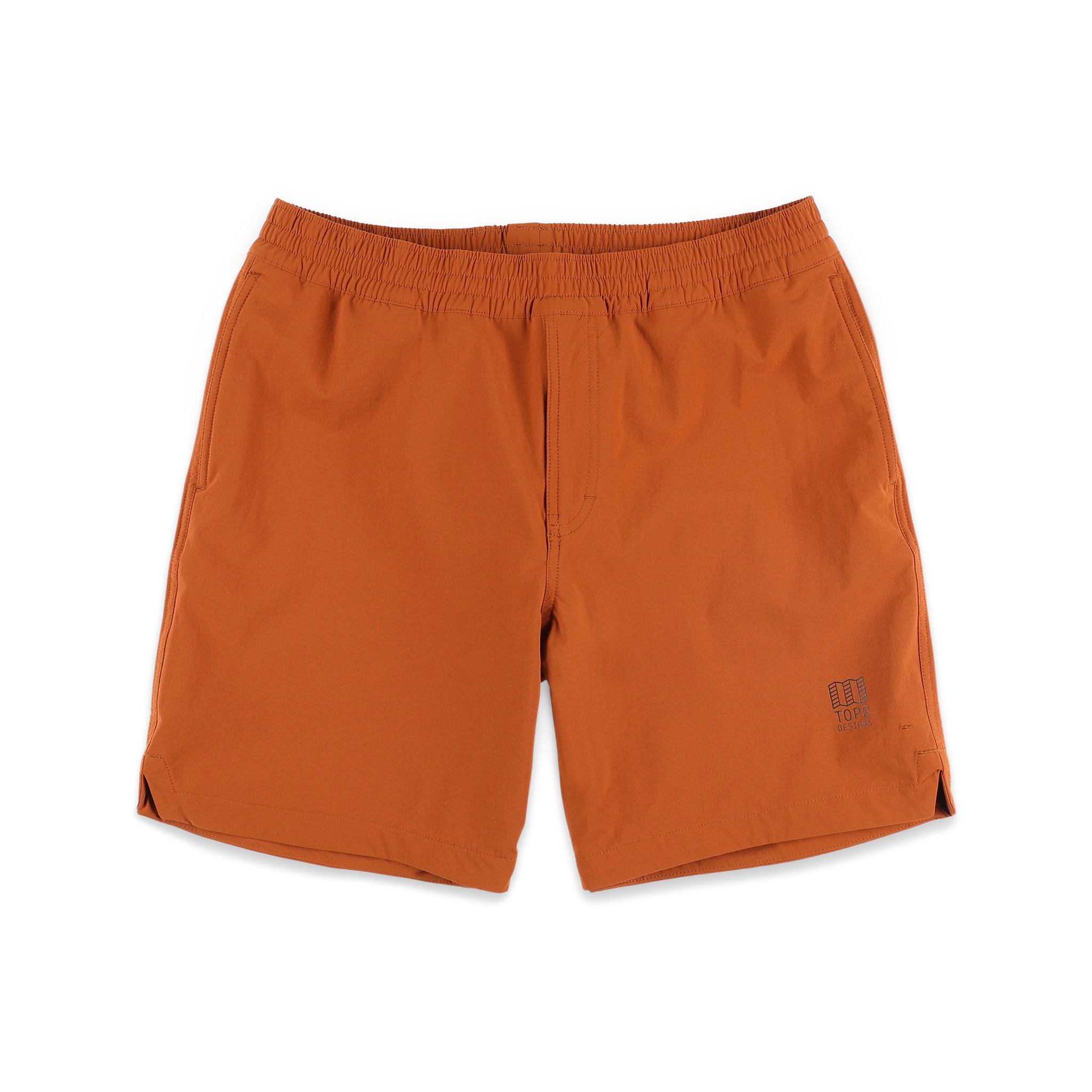 Topo Designs Herren Global leichte schnell trocknende Reiseshorts in "Brick" orange.