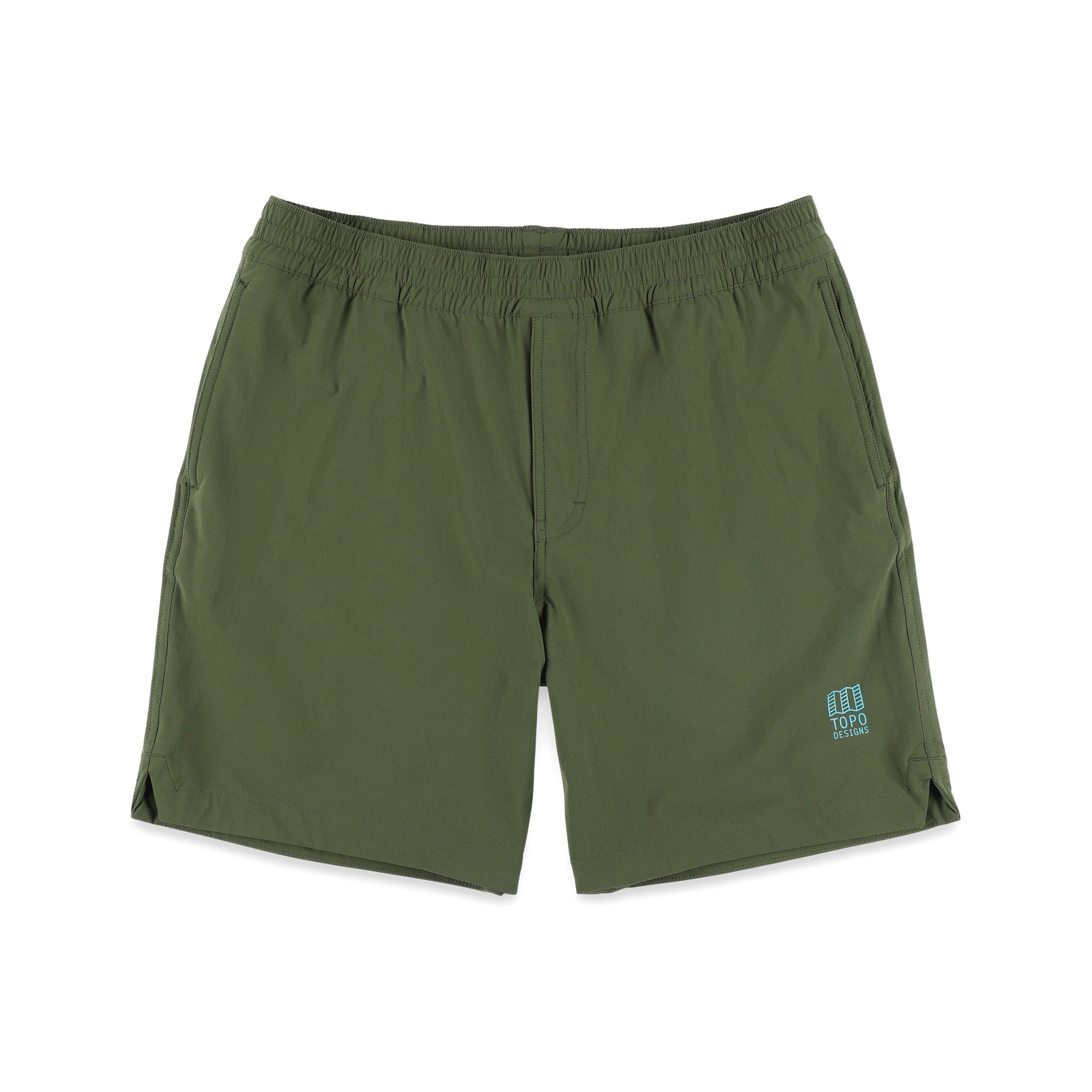 Topo Designs Herren Global leichte schnell trocknende Reiseshorts in "Olive" grün.