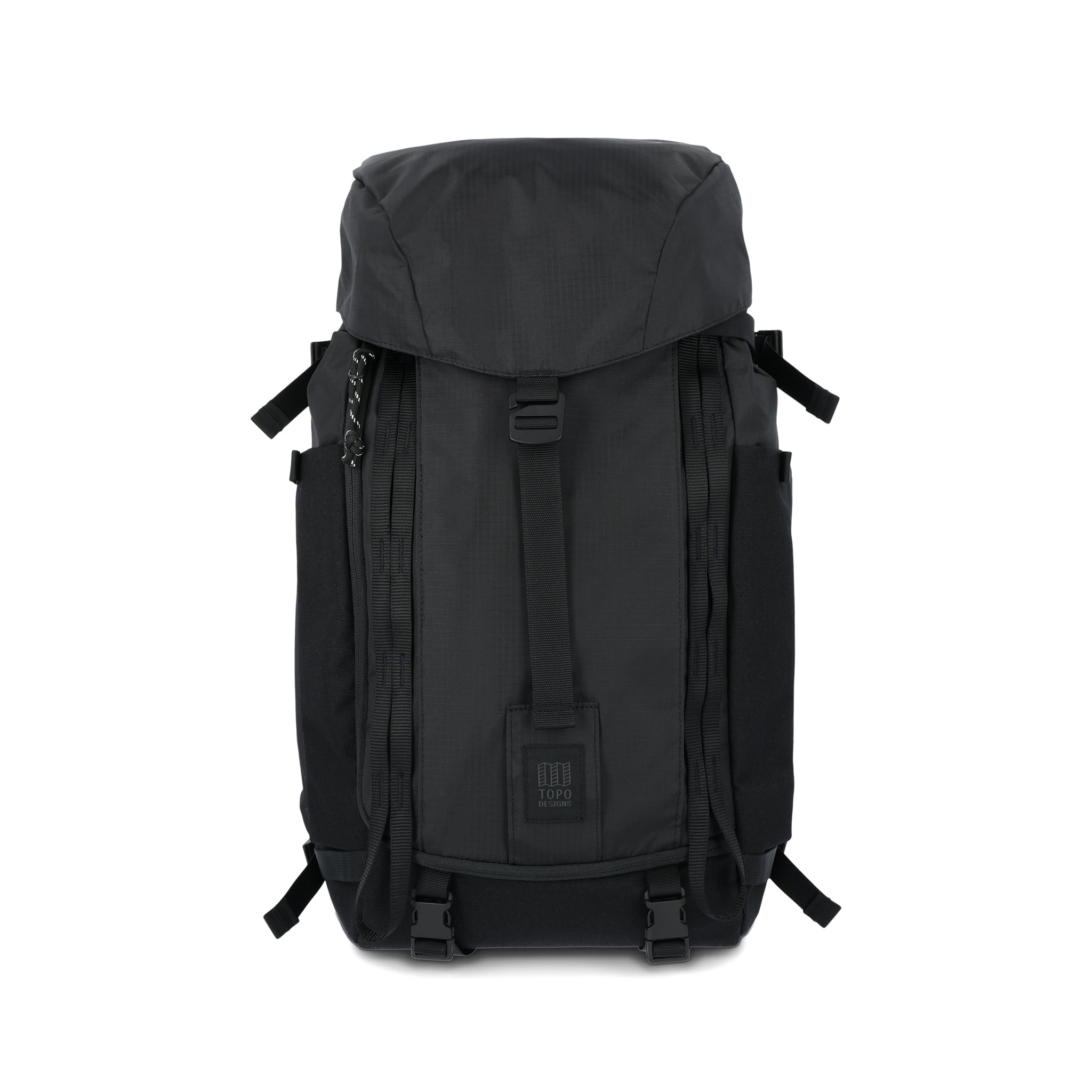 Topo Designs Mountain Pack 28L Wanderrucksack mit externem Laptopfach aus leichtem, recyceltem "Black"-Nylon.