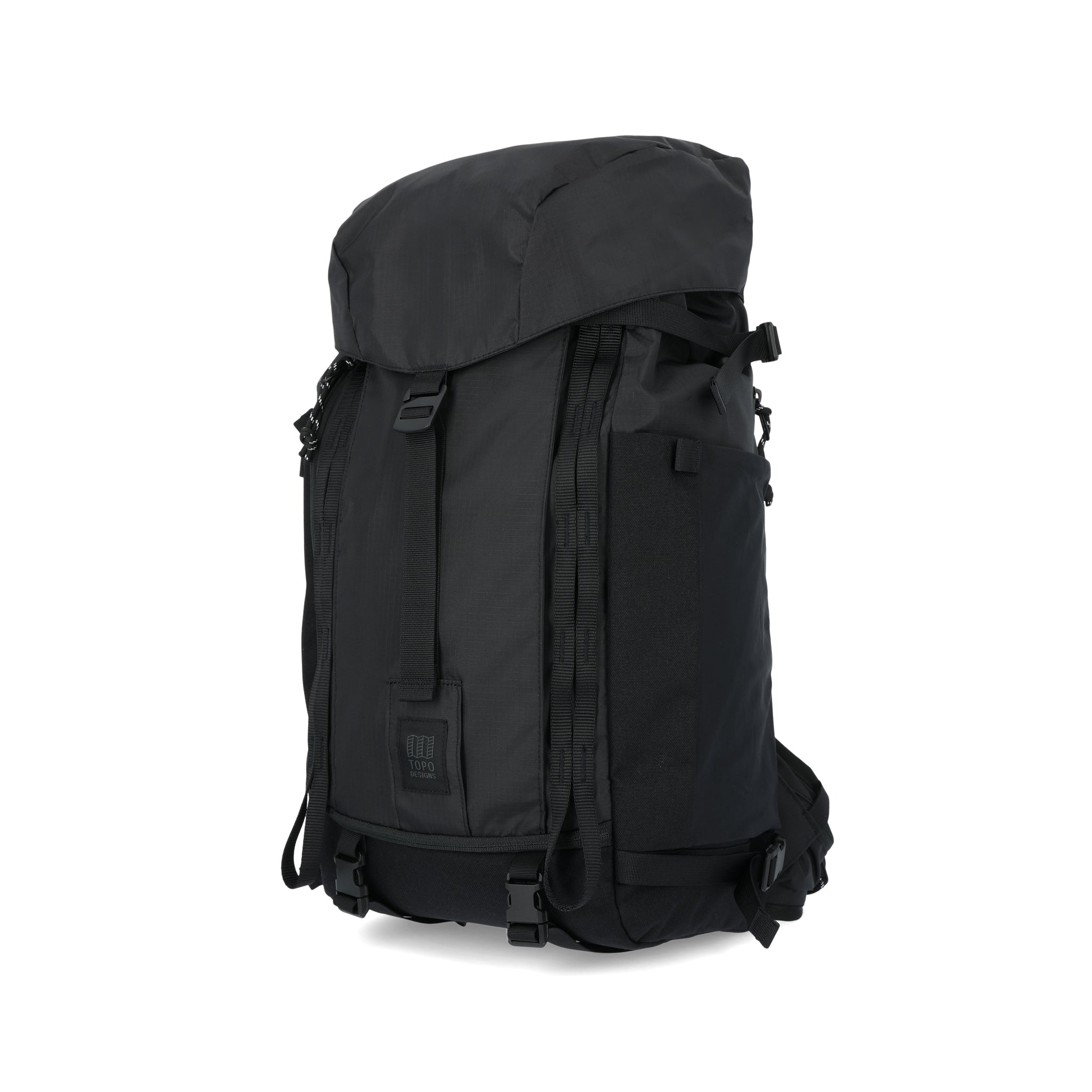 Topo Designs Mountain Pack 28L Wanderrucksack mit externem Laptopfach aus leichtem, recyceltem "Black"-Nylon.