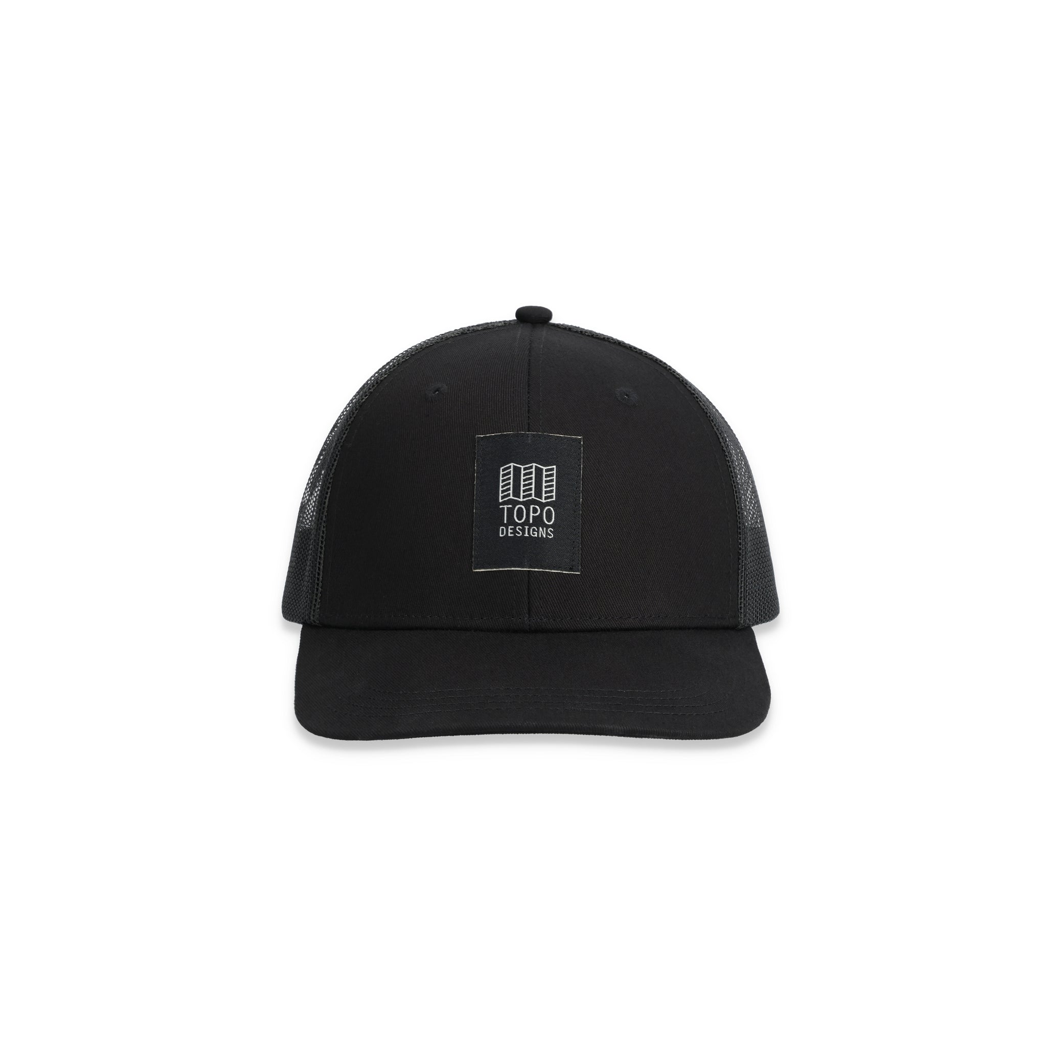 Topo Designs Trucker Hat mit Netzrücken und Original-Logoaufnäher in "Black".