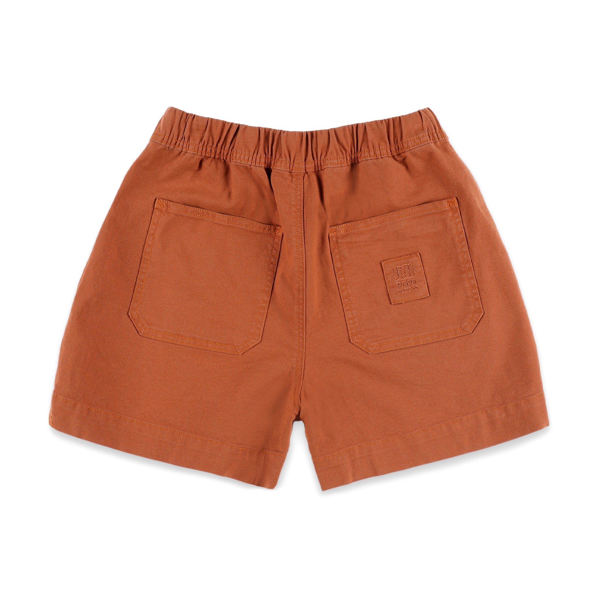 Gesäßtaschen an der Topo Designs Damen  Dirt Shorts mit Kordelzug aus 100% Bio-Baumwolle in "Brick" orange.