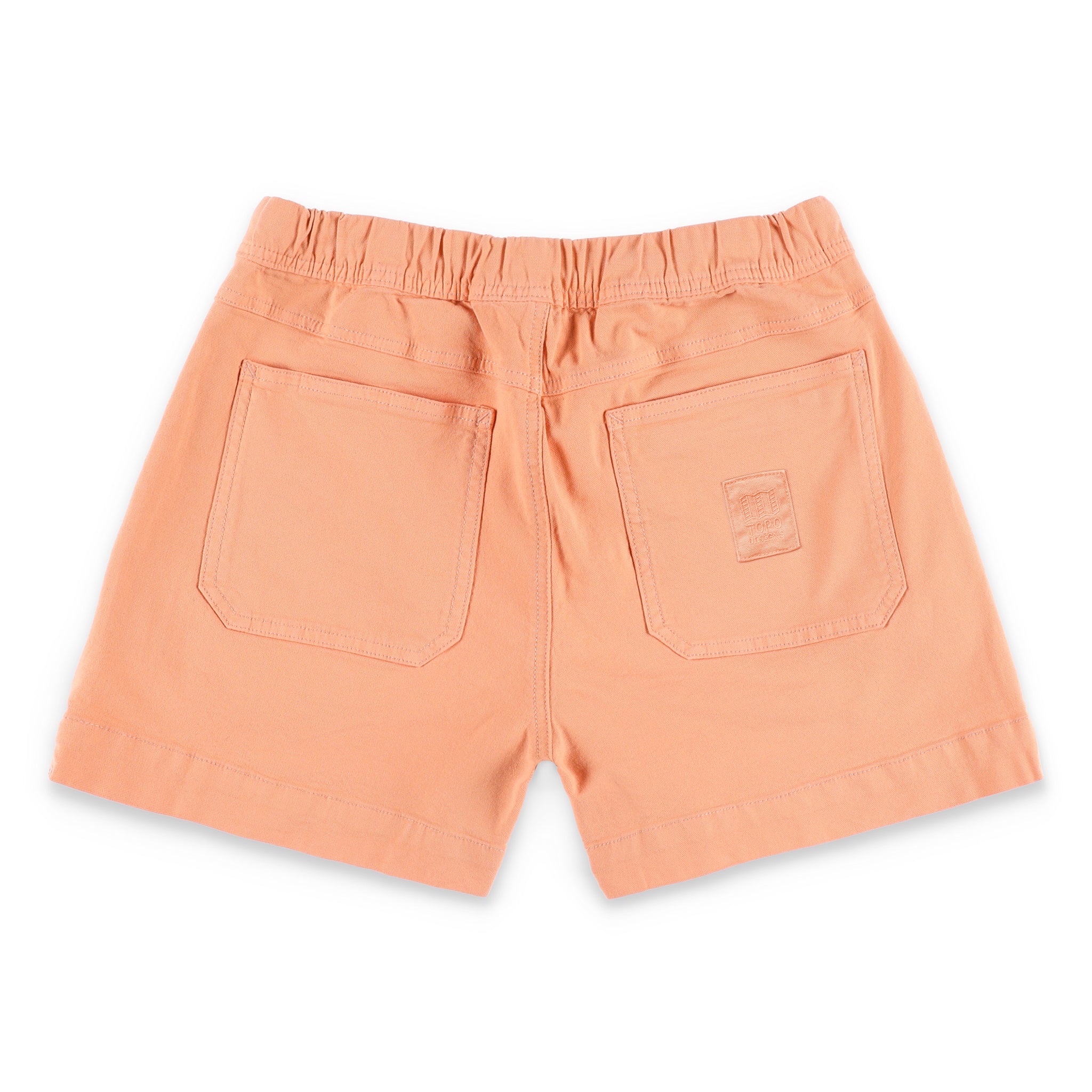 Gesäßtaschen an den Topo Designs Damen  Dirt Shorts mit Kordelzug aus 100% Bio-Baumwolle in "Peach" Pink.