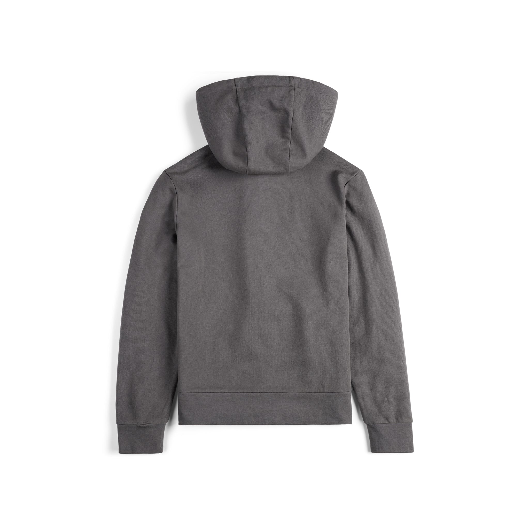 Rückseite von Topo Designs Herren Dirt Hoodie 100% Bio-Baumwolle French Terry Sweatshirt in "charcoal" grau.