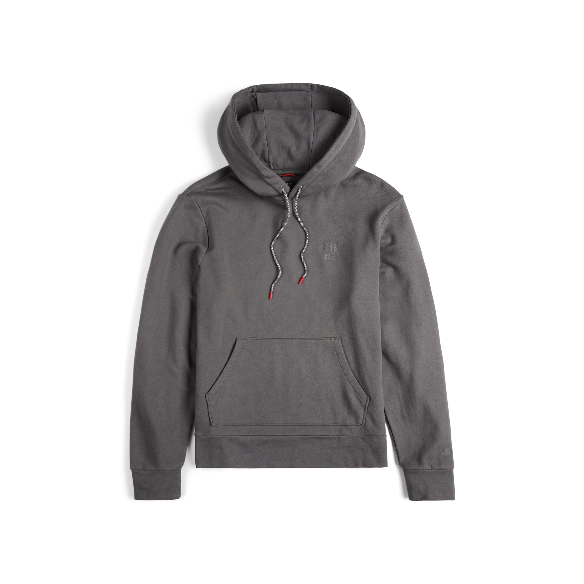 Vorderseite Topo Designs Herren Dirt Hoodie 100% Bio-Baumwolle French Terry Sweatshirt in "charcoal" grau.