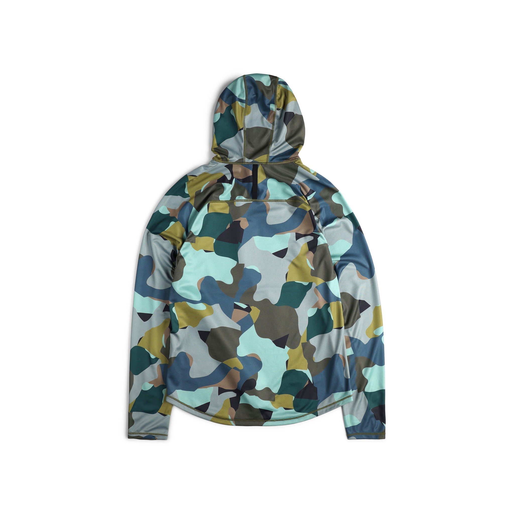 Rückansicht des Topo Designs Herren River Hoodie 30+ UPF feuchtigkeitsableitendes, schnell trocknendes Oberteil in "Green Camo" grün.