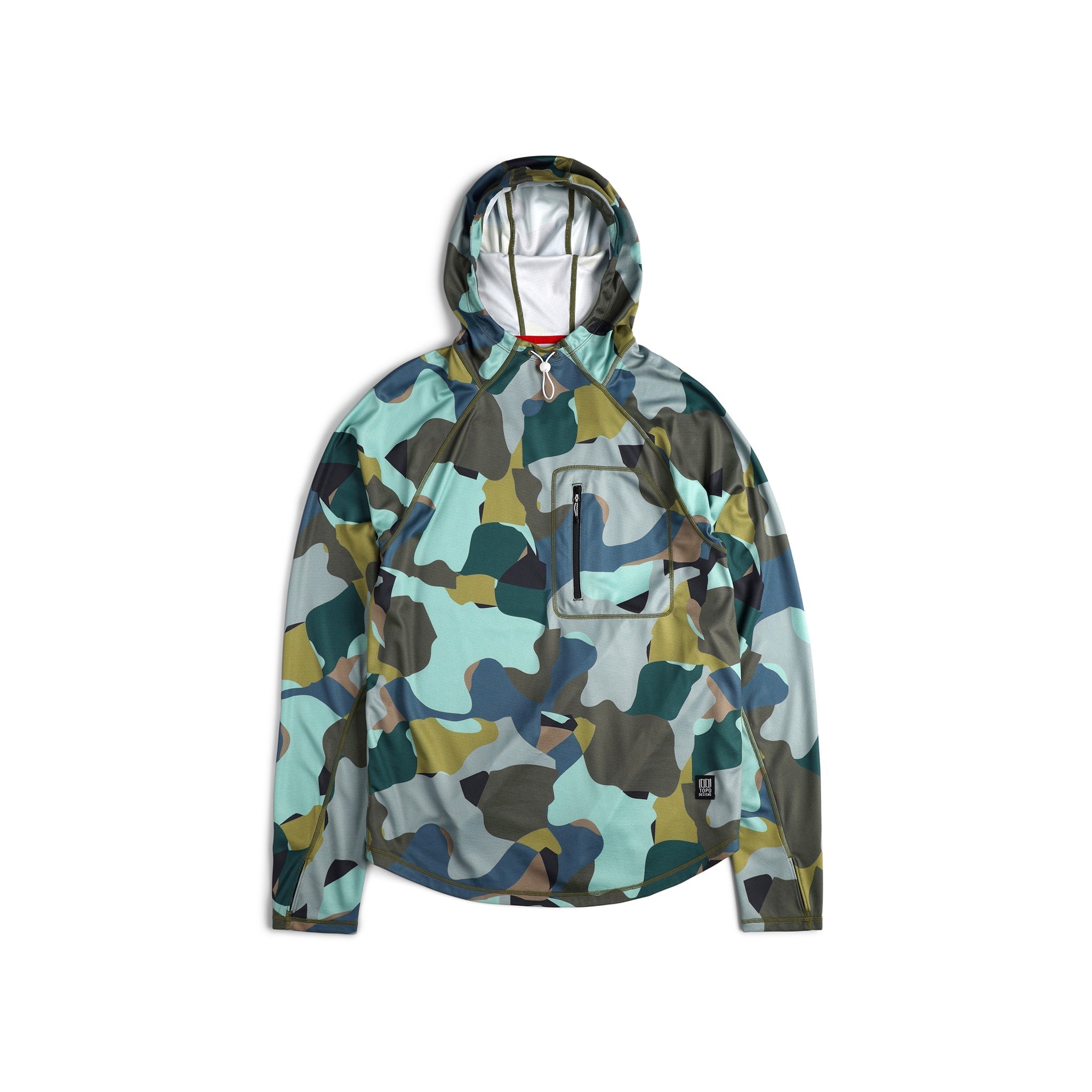 Topo Designs Herren River Hoodie 30+ UPF feuchtigkeitsableitendes schnell trocknendes Oberteil in "Green Camo" grün.