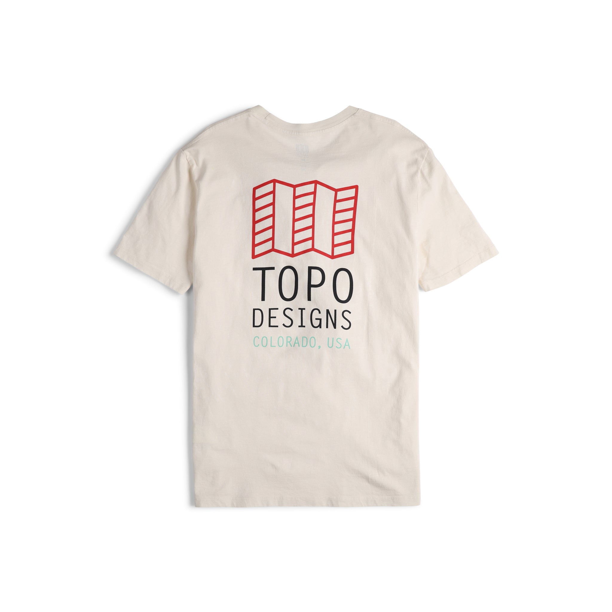 Rückenansicht von Topo Designs Herren Small Original Logo Tee 100% Bio-Baumwolle Kurzarm-Grafik-Logo-T-Shirt in "natürlichen" weiß.