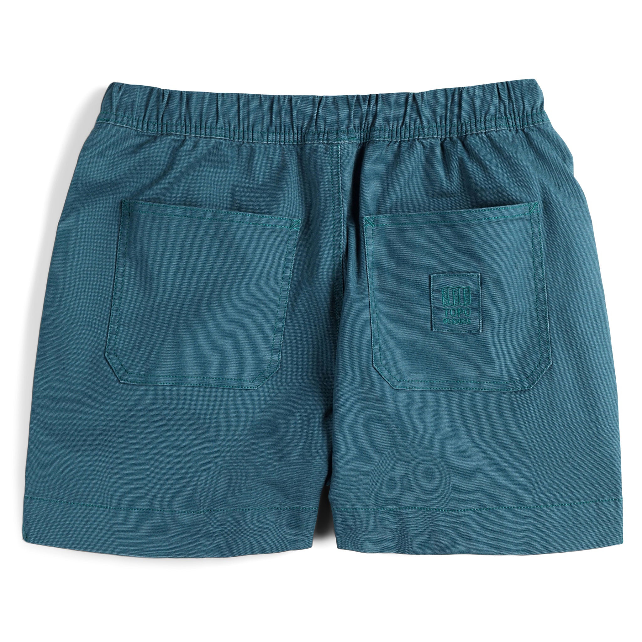 Rückansicht der Topo Designs Damen  Dirt Shorts mit Kordelzug in 100% Bio-Baumwolle "Pond Blue" blau.