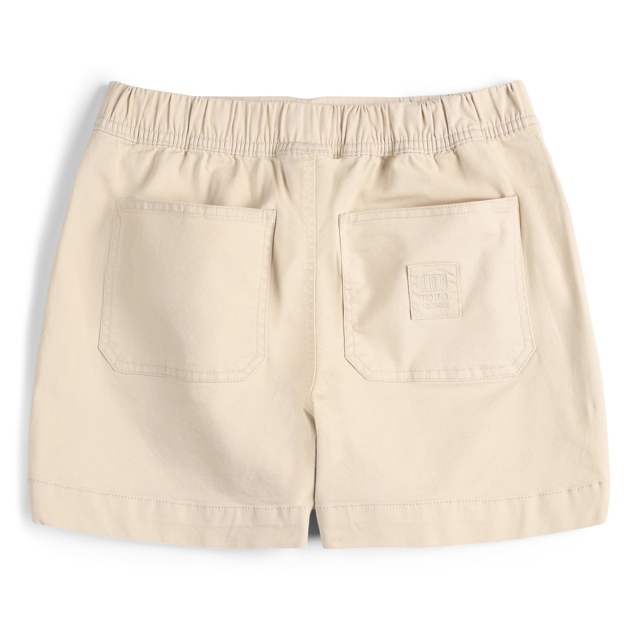 Rückansicht der Topo Designs Damen  Dirt Shorts mit Kordelzug in 100% Bio-Baumwolle "Sand" weiß.