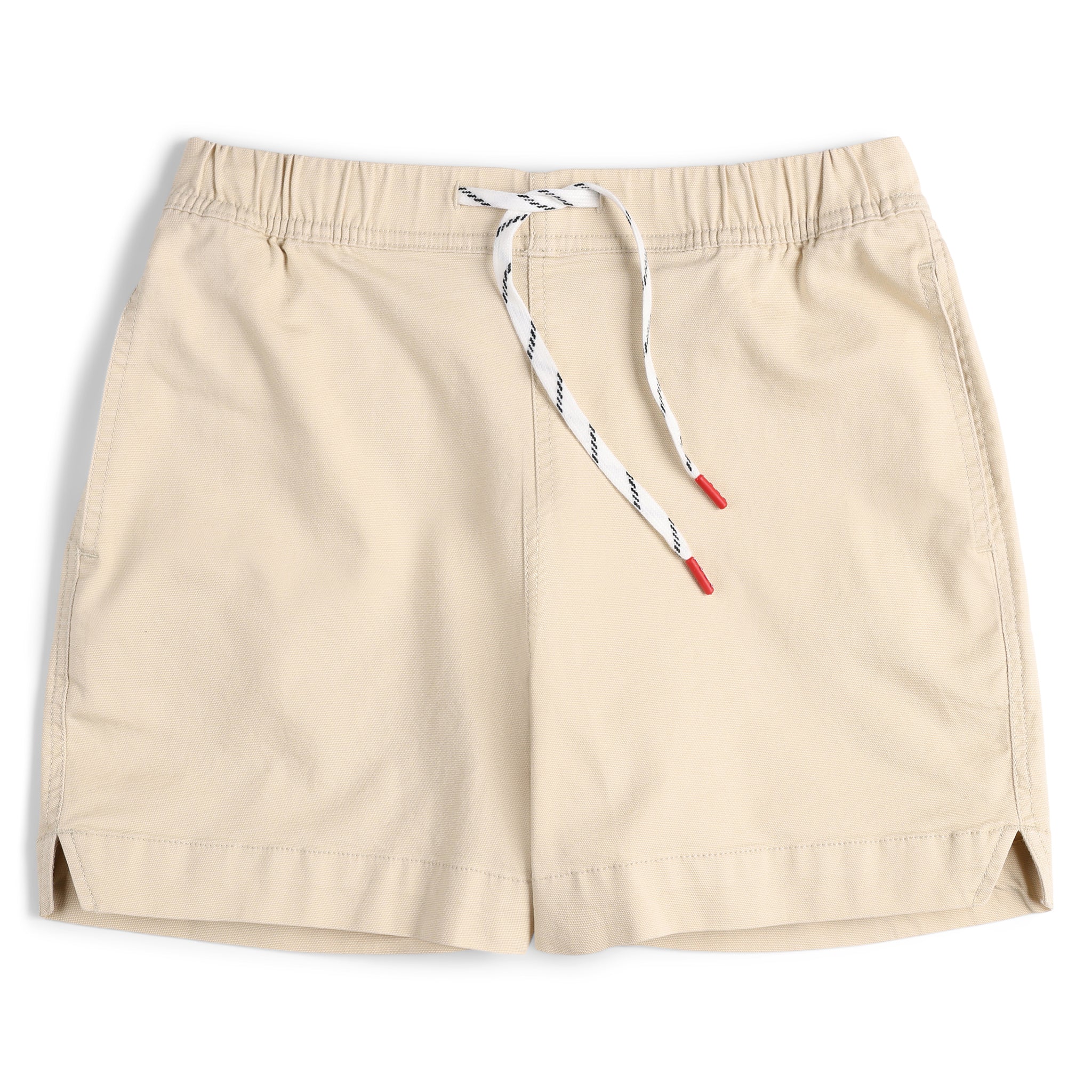 Vorderseite der Topo Designs Damen  Dirt Shorts mit Kordelzug in 100% Bio-Baumwolle "Sand" weiß.