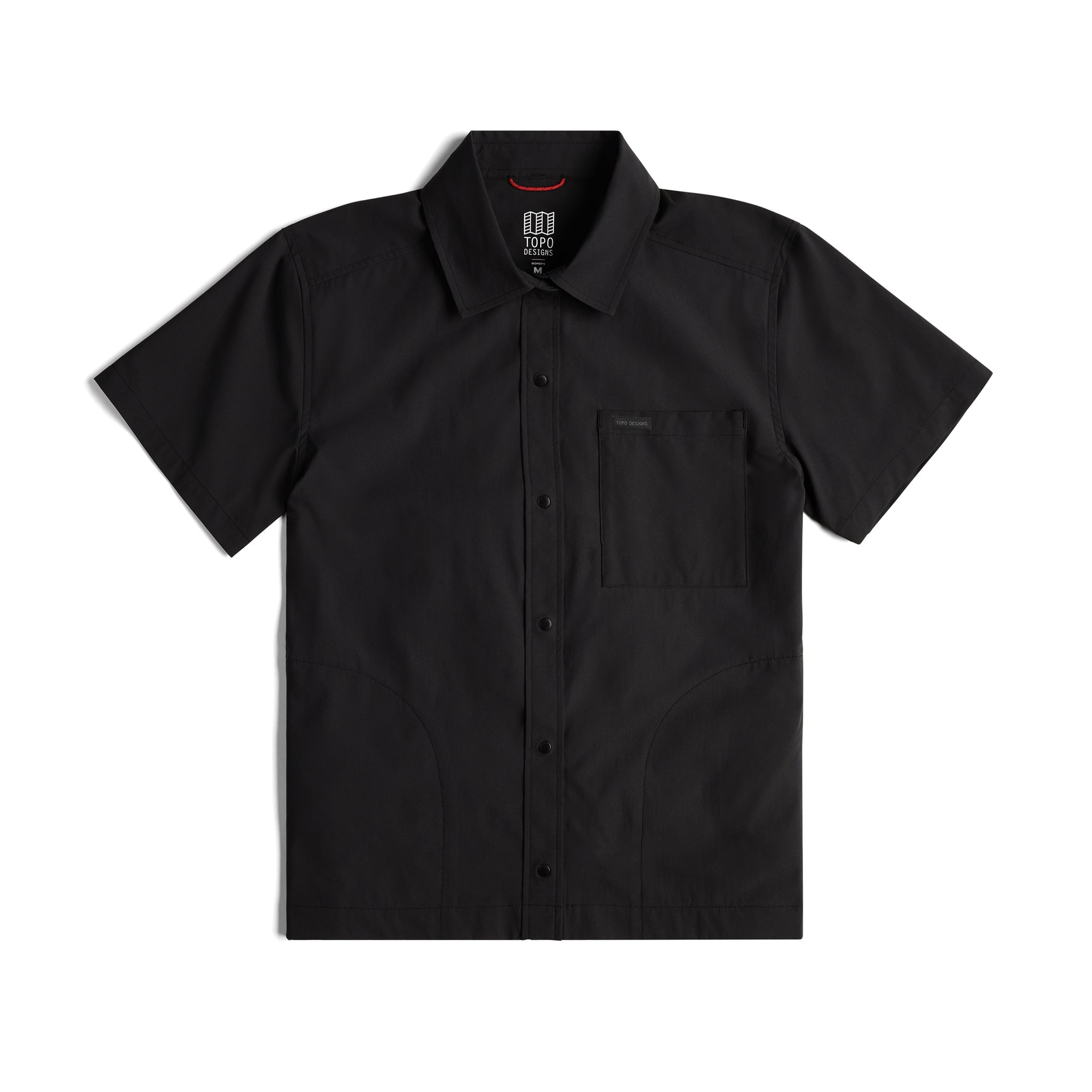 Topo Designs Damen Global Shirt Short Sleeve 30+ UPF rated travel shirt in "Black".