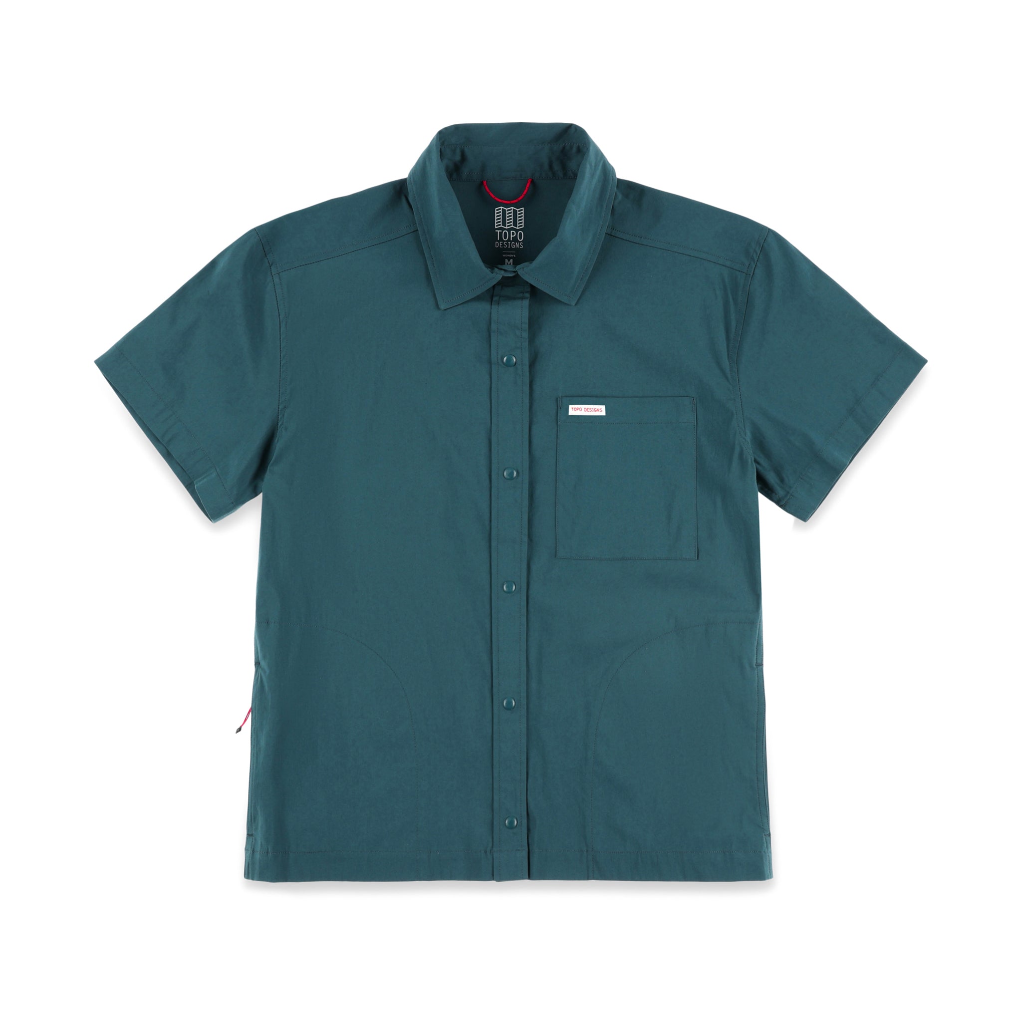 Topo Designs Damen Global Shirt Short Sleeve 30+ UPF rated travel shirt in "Pond Blue".