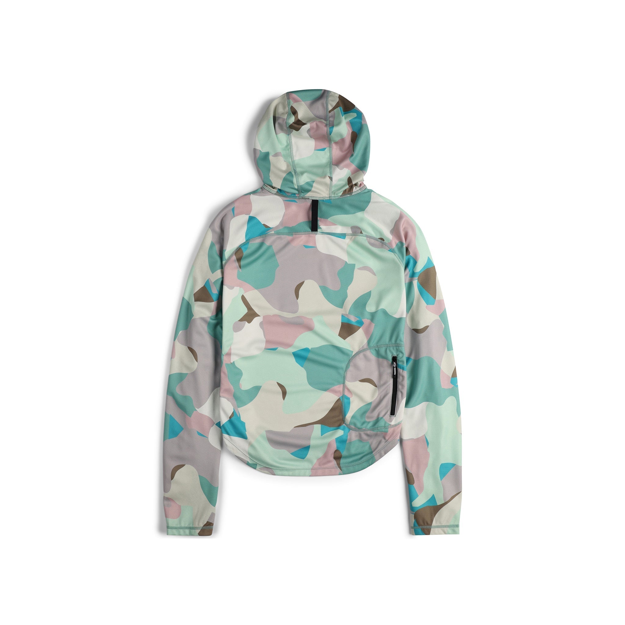 Rückansicht des Topo Designs Damen River Hoodie 30+ UPF rated moisture wicking water shirt in "Pastel Camo" grün.