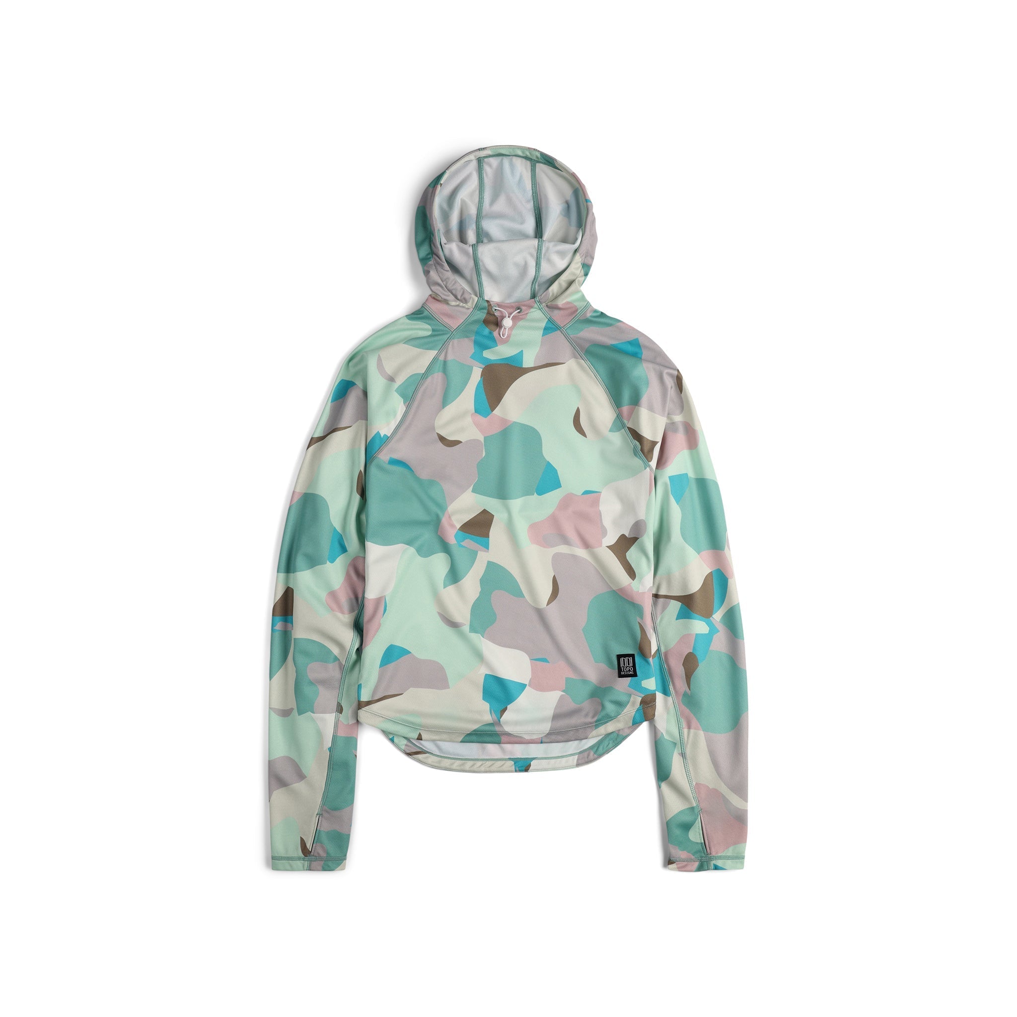 Topo Designs Damen River Hoodie 30+ UPF klassifiziertes feuchtigkeitsableitendes Wasserhemd in "Pastel Camo" grün.