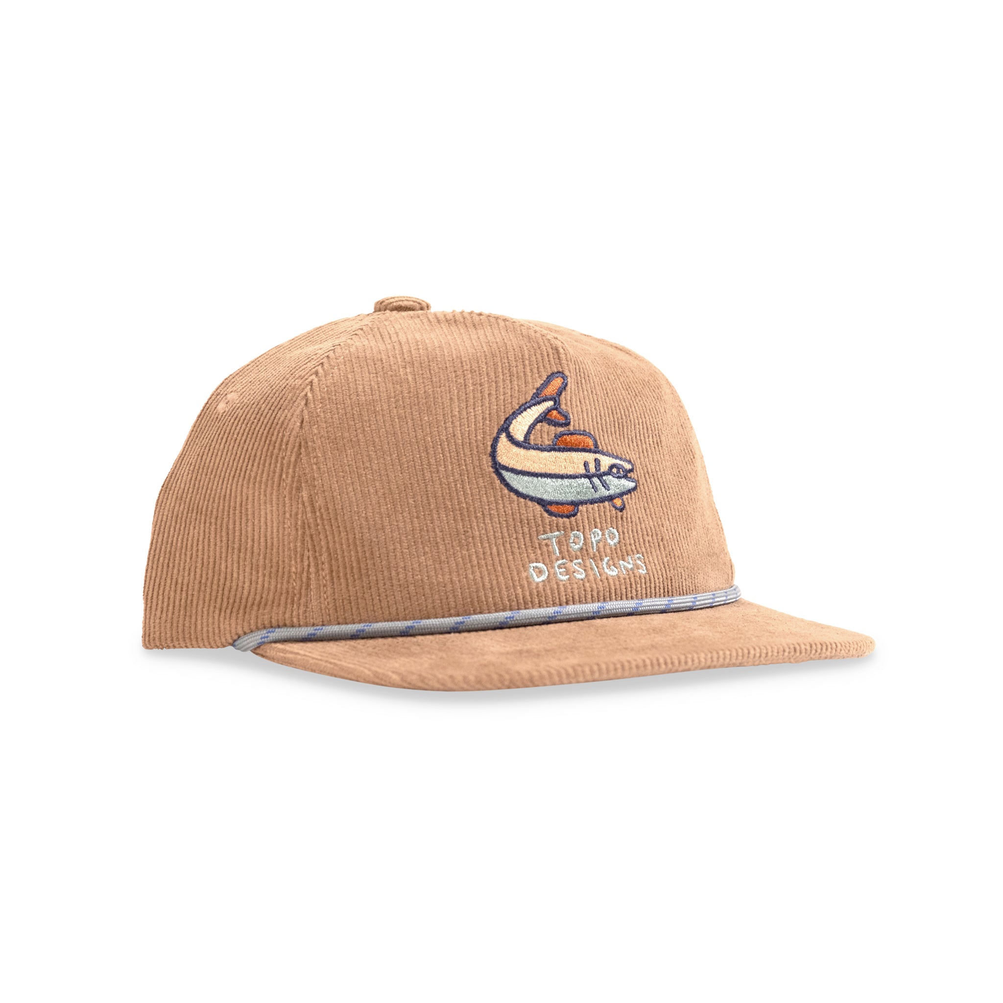 Vorderansicht der Topo Designs Cord Trucker Hat - Poudre River in "Dark Khaki"