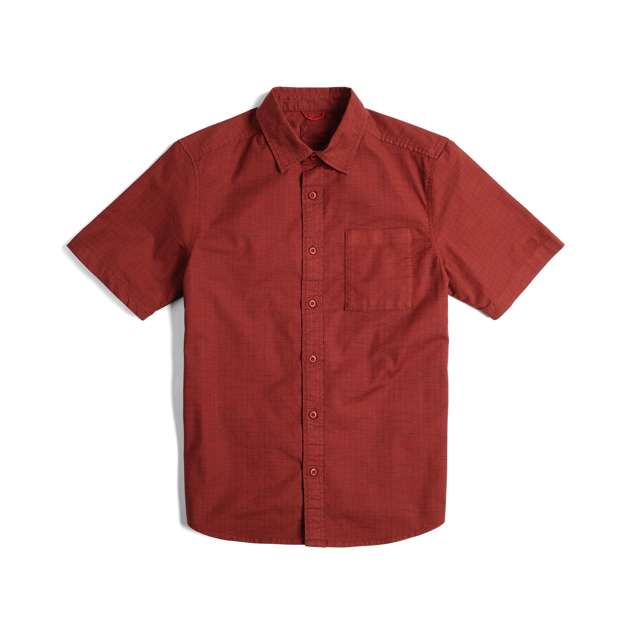 Vorderansicht des Topo Designs Dirt Desert Shirt Ss - Herren in "Fire Brick Terrain"