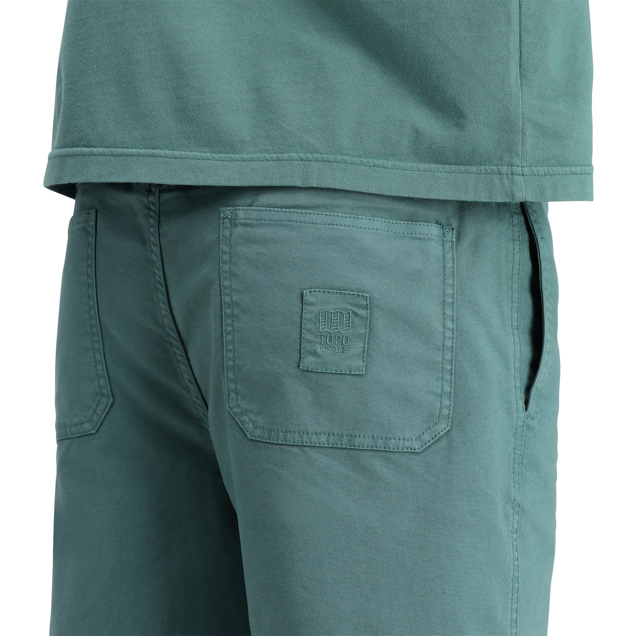 Detailaufnahme der Topo Designs Dirt Shorts - Herren in "Sea Pine"