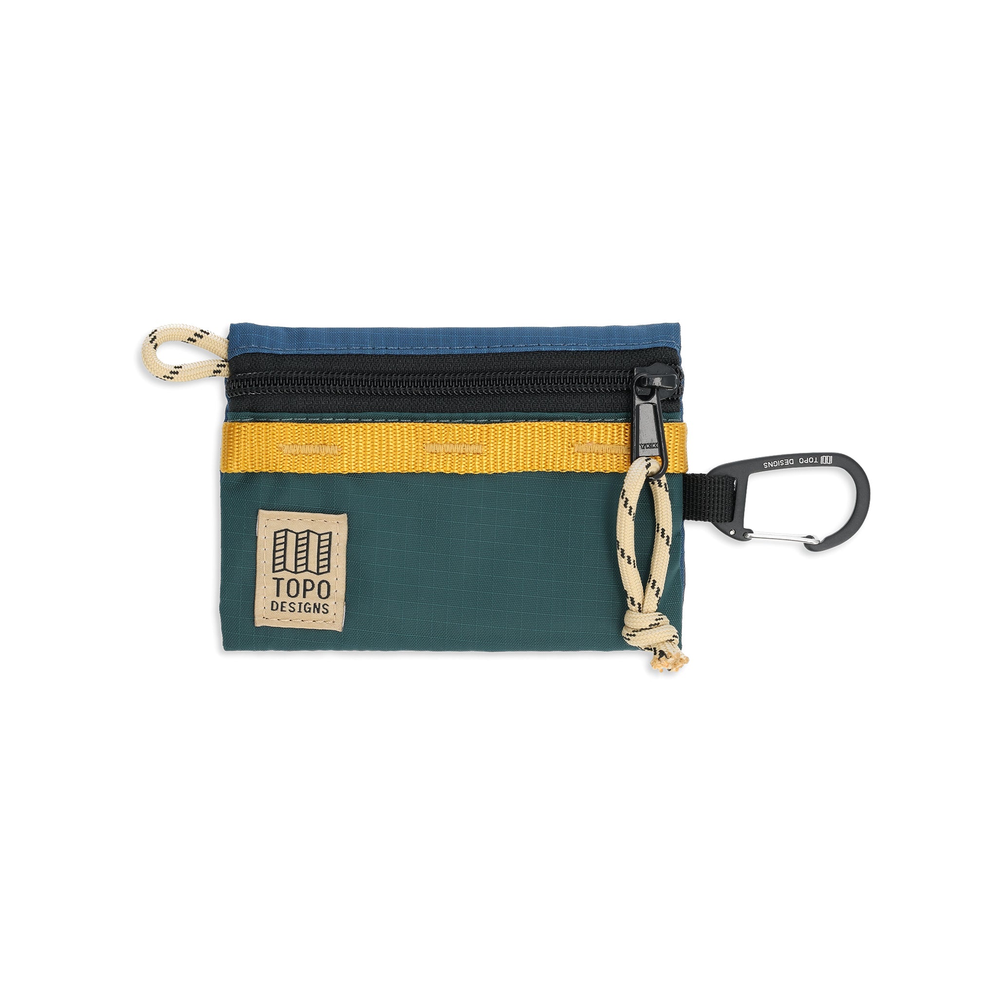 Vorderansicht der Topo Designs Mountain Accessory Bag in "Pond Blue / Forest"