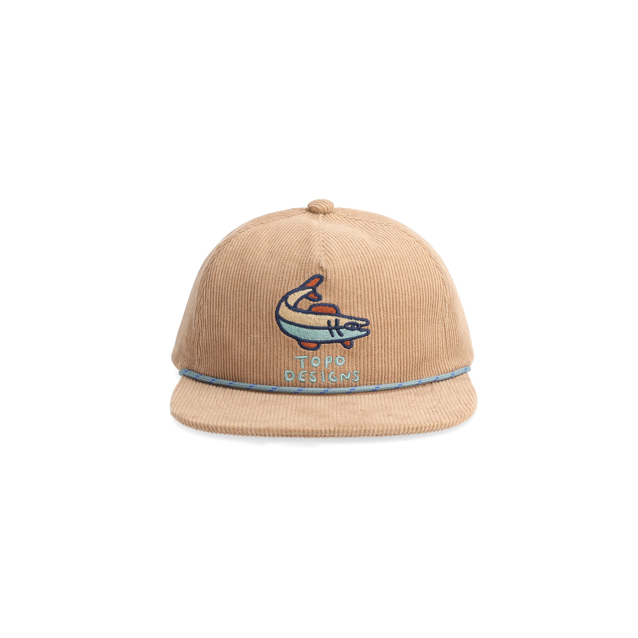 Vorderansicht der Topo Designs Cord Trucker Hat - Poudre River in "Dark Khaki"